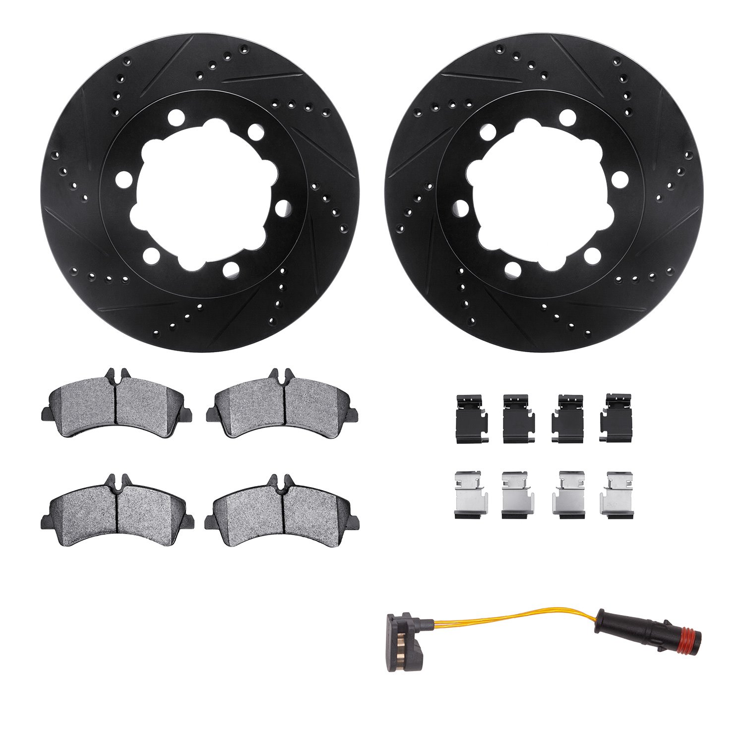 8222-63198 Drilled/Slotted Rotors w/Heavy-Duty Brake Pads/Sensor & Hardware [Silver], 2007-2018 Multiple Makes/Models, Position: