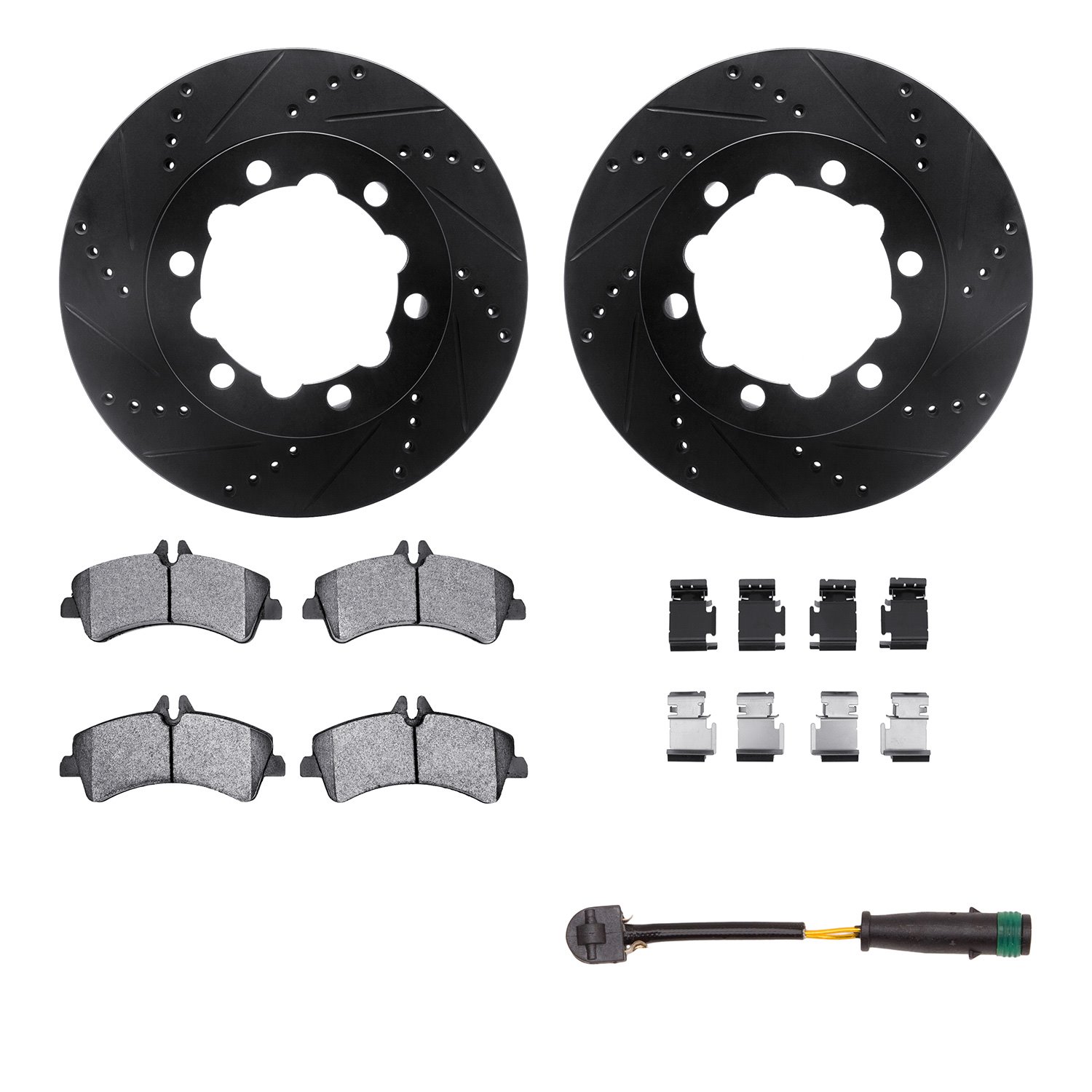 8222-63199 Drilled/Slotted Rotors w/Heavy-Duty Brake Pads/Sensor & Hardware [Silver], 2008-2018 Multiple Makes/Models, Position: