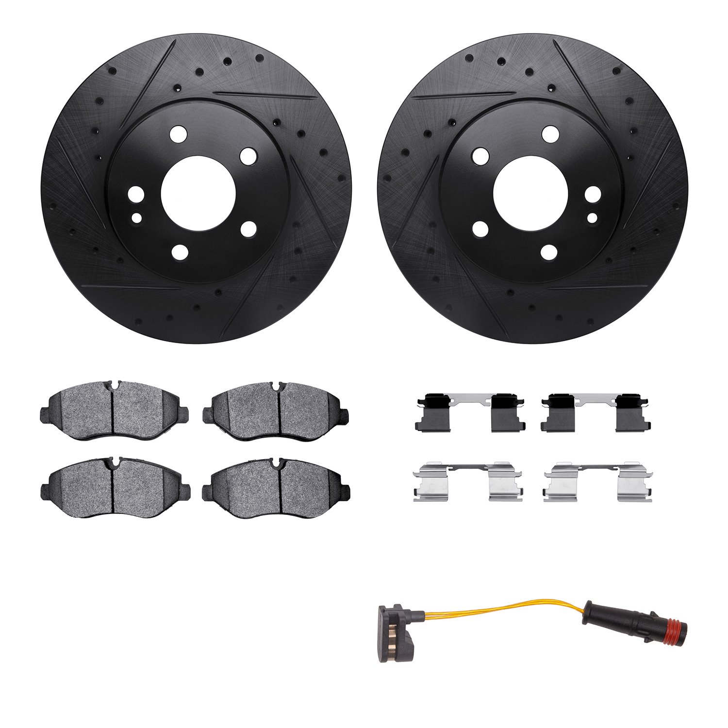 8222-63216 Drilled/Slotted Rotors w/Heavy-Duty Brake Pads/Sensor & Hardware [Silver], Fits Select Mercedes-Benz, Position: Front