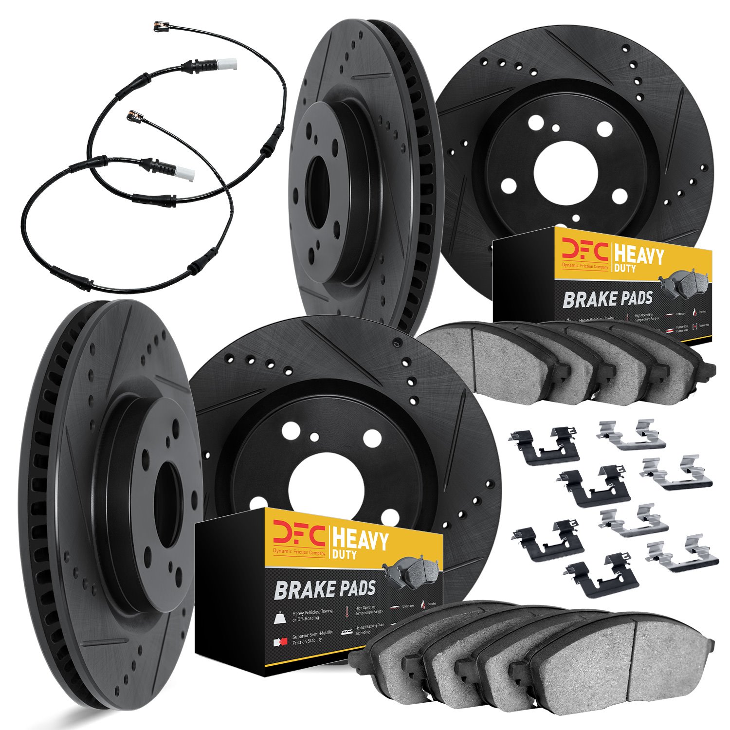 8224-40005 Drilled/Slotted Rotors w/Heavy-Duty Brake Pads/Sensor & Hardware [Silver], 2006-2006 Mopar, Position: Front and Rear