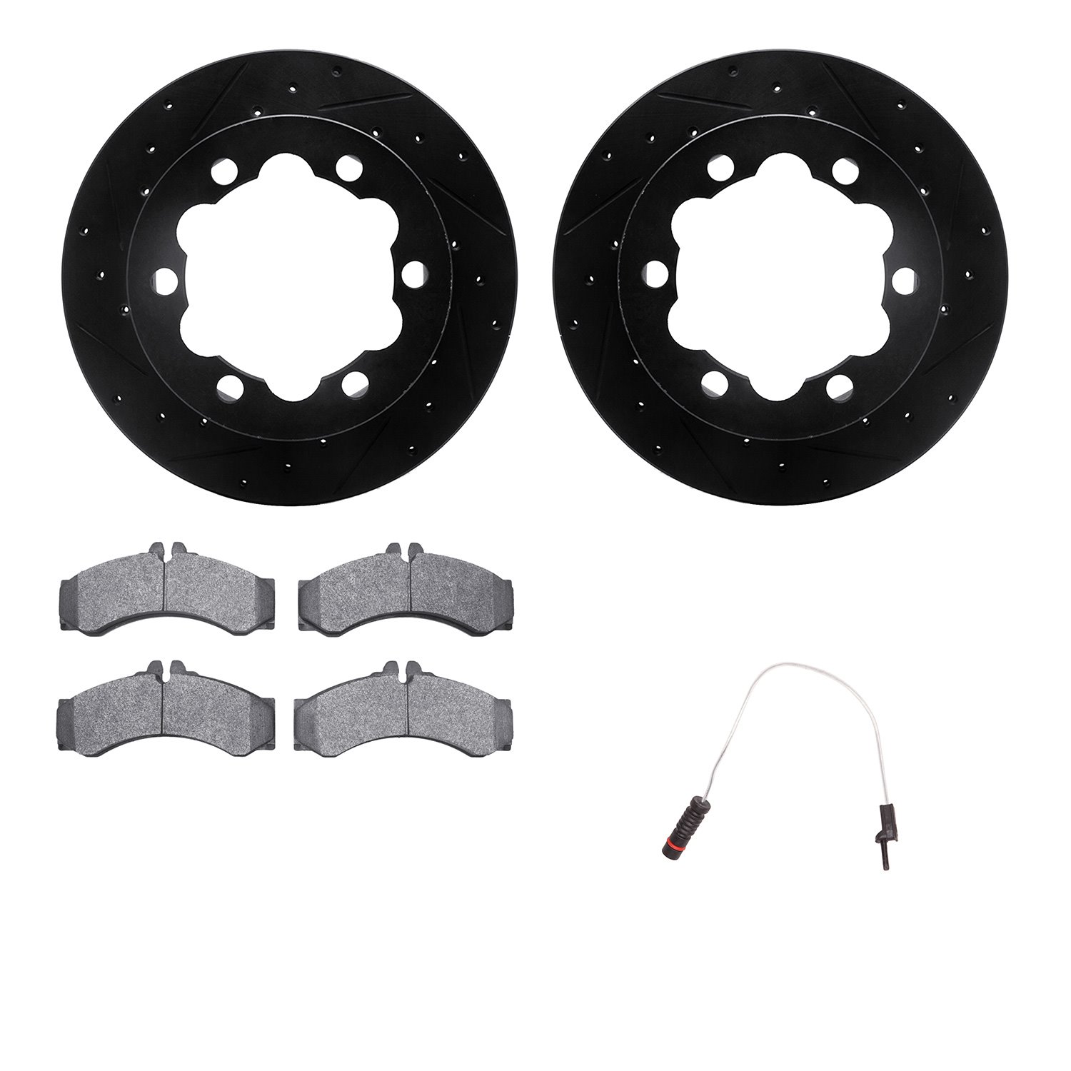8232-40001 Drilled/Slotted Rotors w/Heavy-Duty Brake Pads Kit & Sensor [Silver], 2002-2006 Multiple Makes/Models, Position: Rear