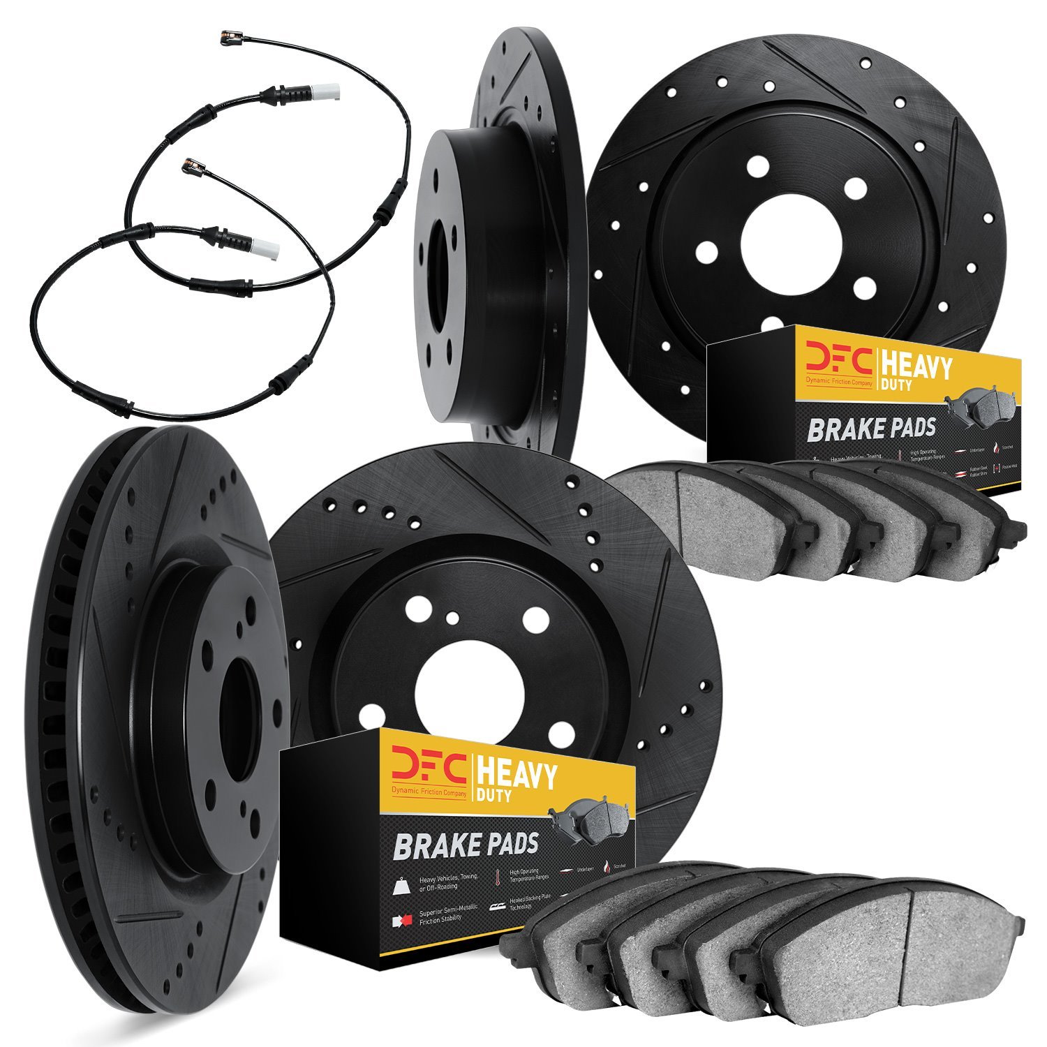 8234-40002 Drilled/Slotted Rotors w/Heavy-Duty Brake Pads Kit & Sensor [Silver], 2002-2006 Multiple Makes/Models, Position: Fron