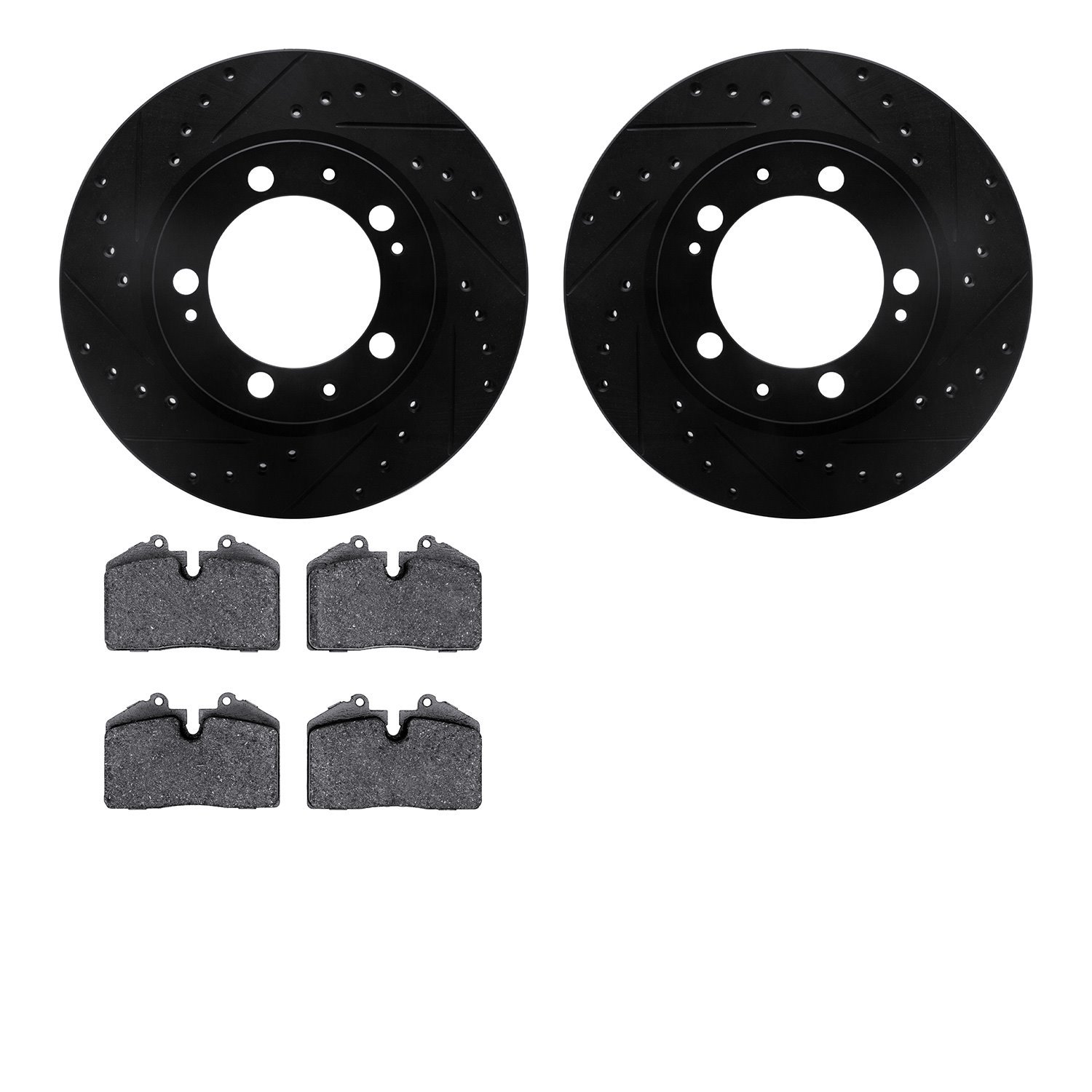 8302-02018 Drilled/Slotted Brake Rotors with 3000-Series Ceramic Brake Pads Kit [Black], 1989-1997 Porsche, Position: Front