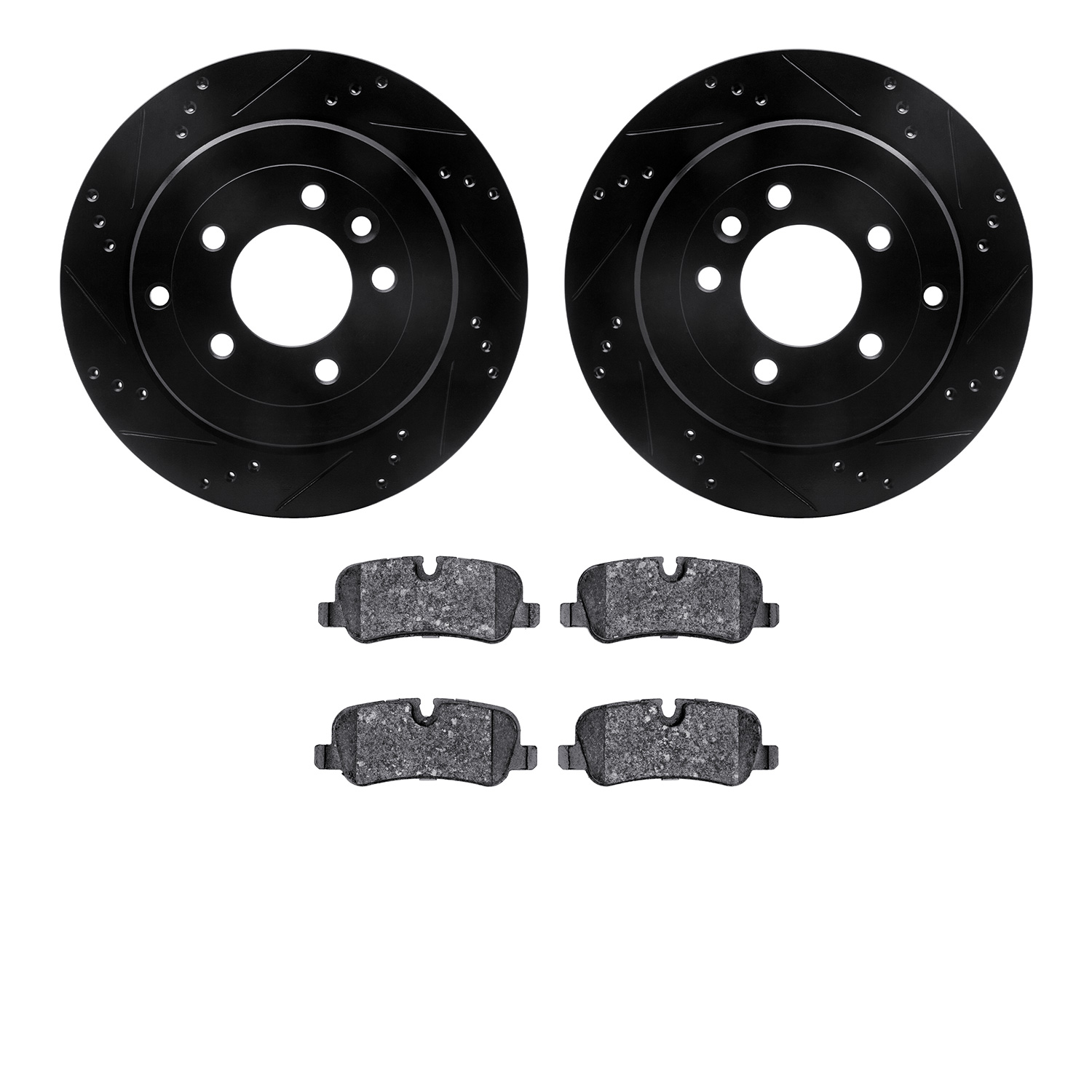 8302-11016 Drilled/Slotted Brake Rotors with 3000-Series Ceramic Brake Pads Kit [Black], 2005-2007 Land Rover, Position: Rear