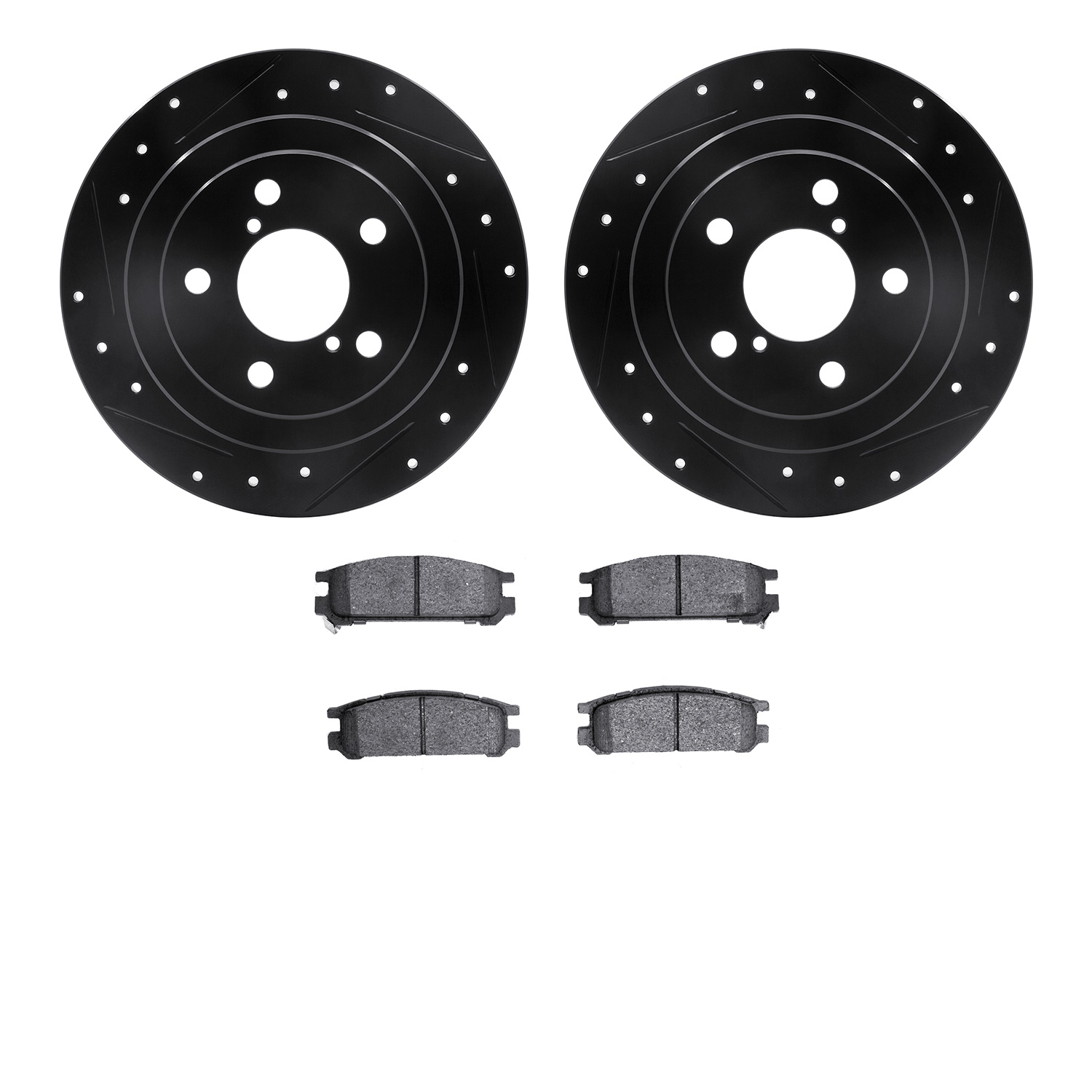 8302-13014 Drilled/Slotted Brake Rotors with 3000-Series Ceramic Brake Pads Kit [Black], 1990-1999 Subaru, Position: Rear