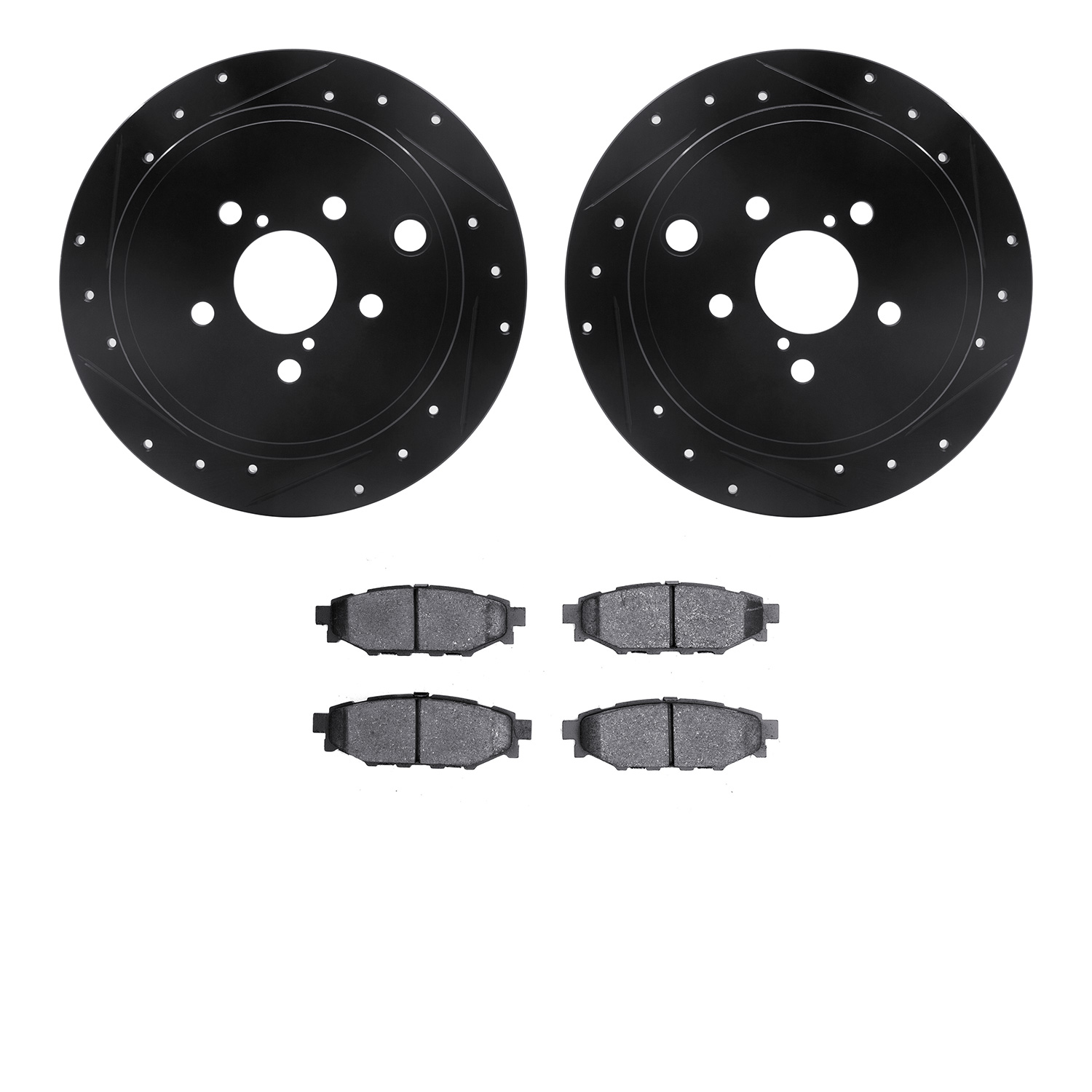 8302-13041 Drilled/Slotted Brake Rotors with 3000-Series Ceramic Brake Pads Kit [Black], 2008-2015 Subaru, Position: Rear