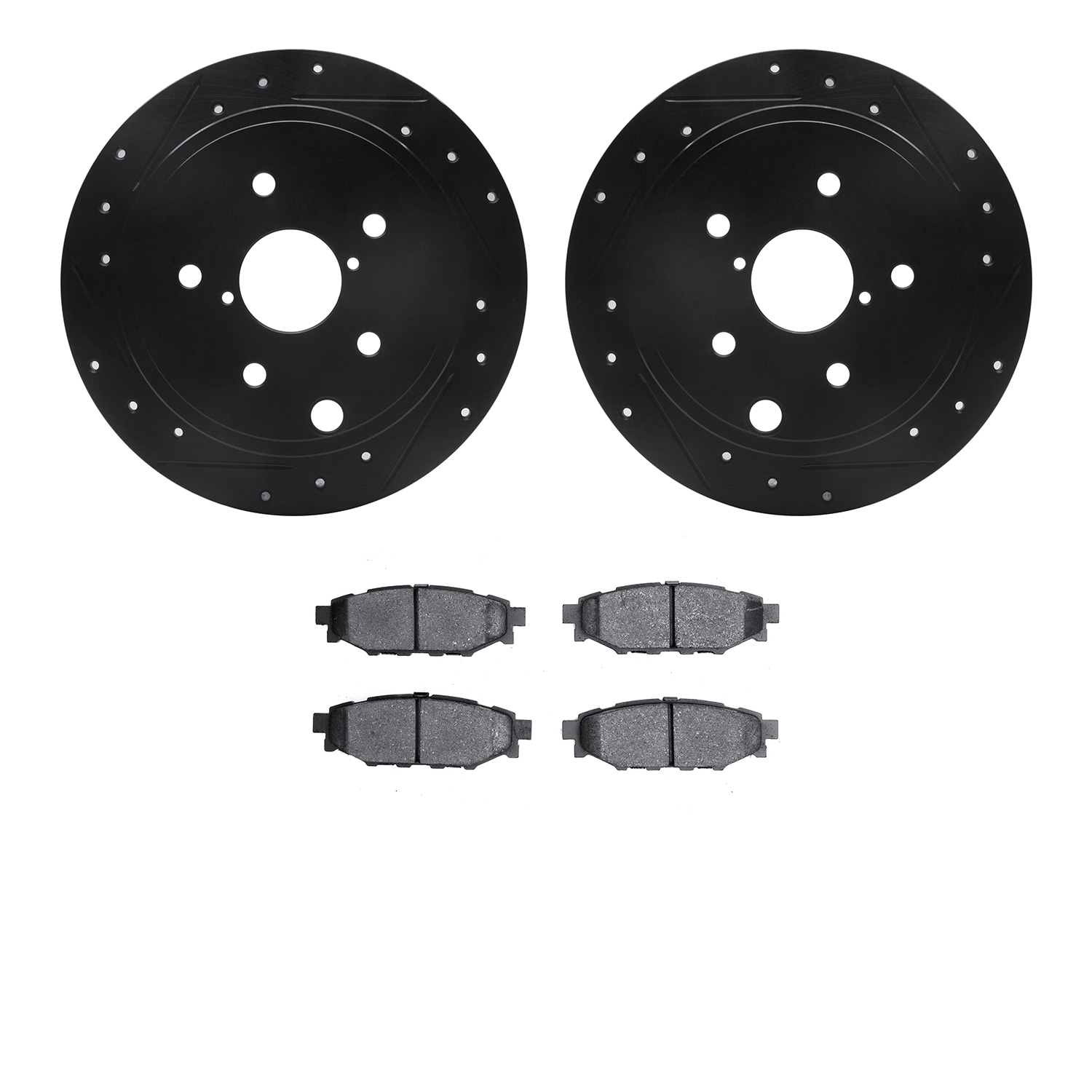 8302-13042 Drilled/Slotted Brake Rotors with 3000-Series Ceramic Brake Pads Kit [Black], 2015-2021 Subaru, Position: Rear