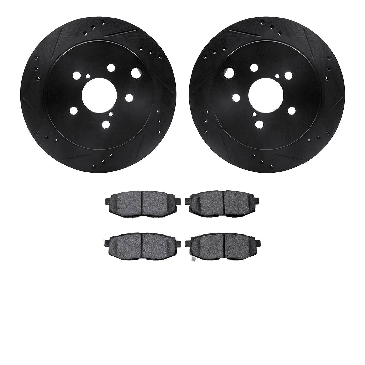 8302-13045 Drilled/Slotted Brake Rotors with 3000-Series Ceramic Brake Pads Kit [Black], 2014-2018 Subaru, Position: Rear