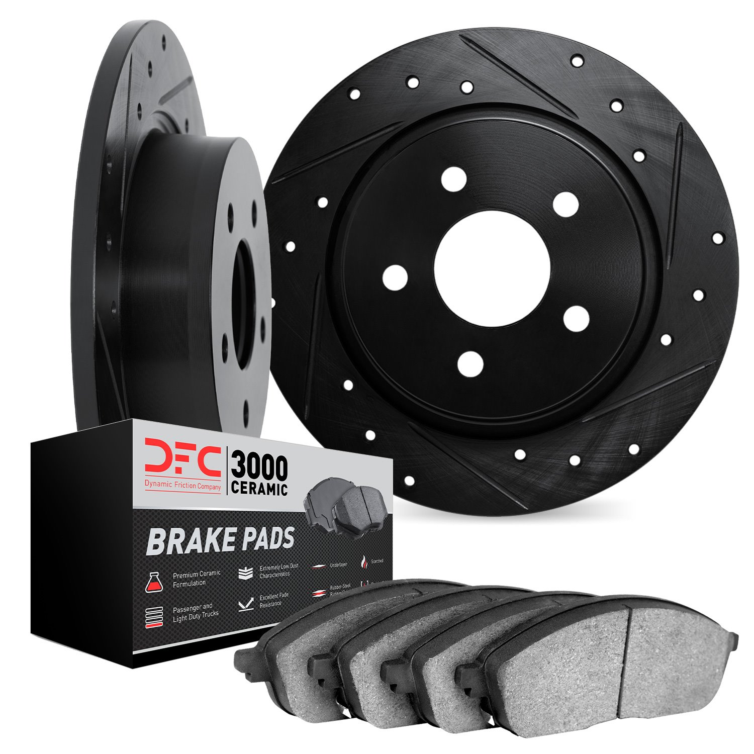 8302-18001 Drilled/Slotted Brake Rotors with 3000-Series Ceramic Brake Pads Kit [Black], 1999-2002 GM, Position: Rear