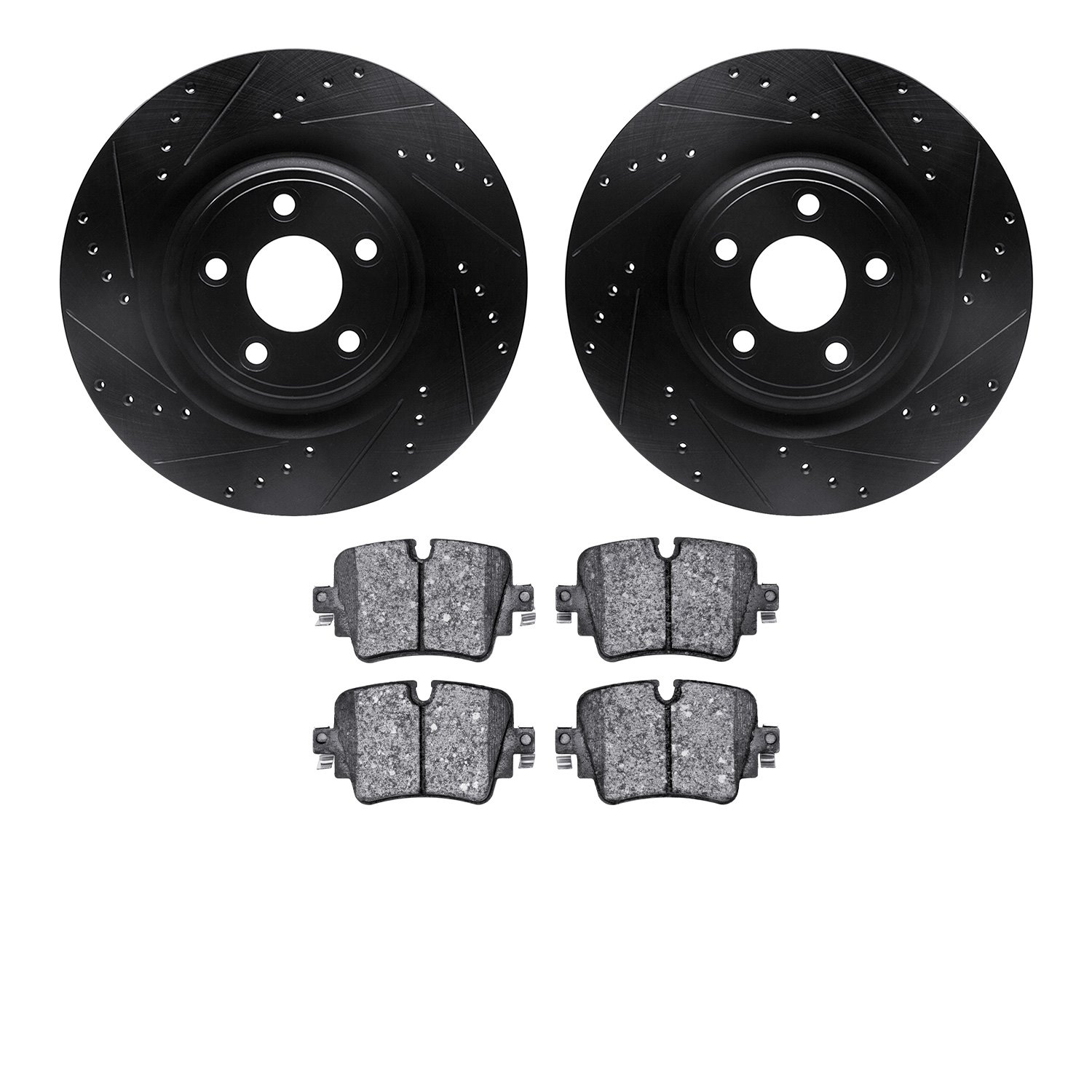 8302-20016 Drilled/Slotted Brake Rotors with 3000-Series Ceramic Brake Pads Kit [Black], 2014-2021 Jaguar, Position: Rear