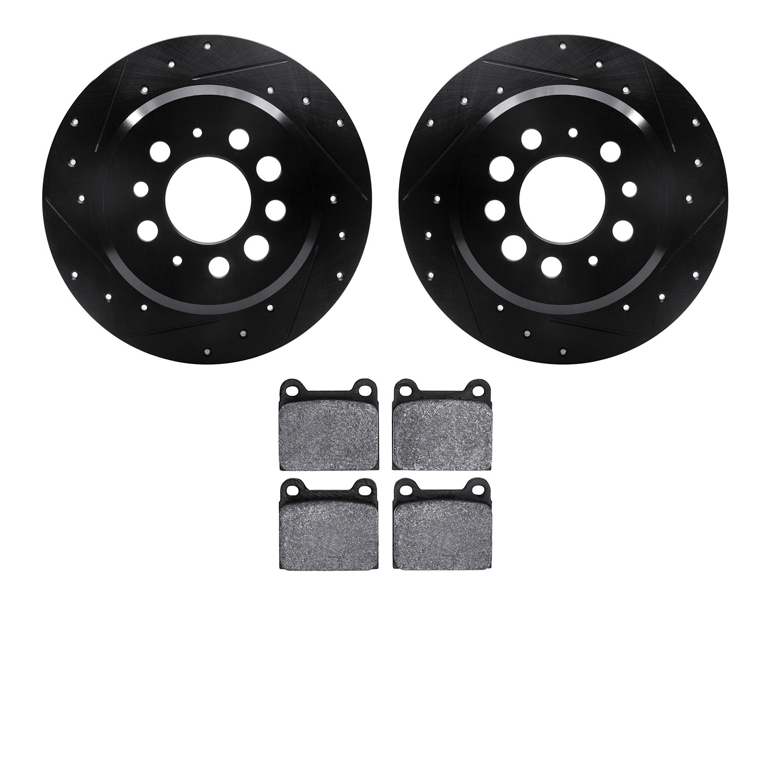 8302-27004 Drilled/Slotted Brake Rotors with 3000-Series Ceramic Brake Pads Kit [Black], 1967-1974 Volvo, Position: Rear