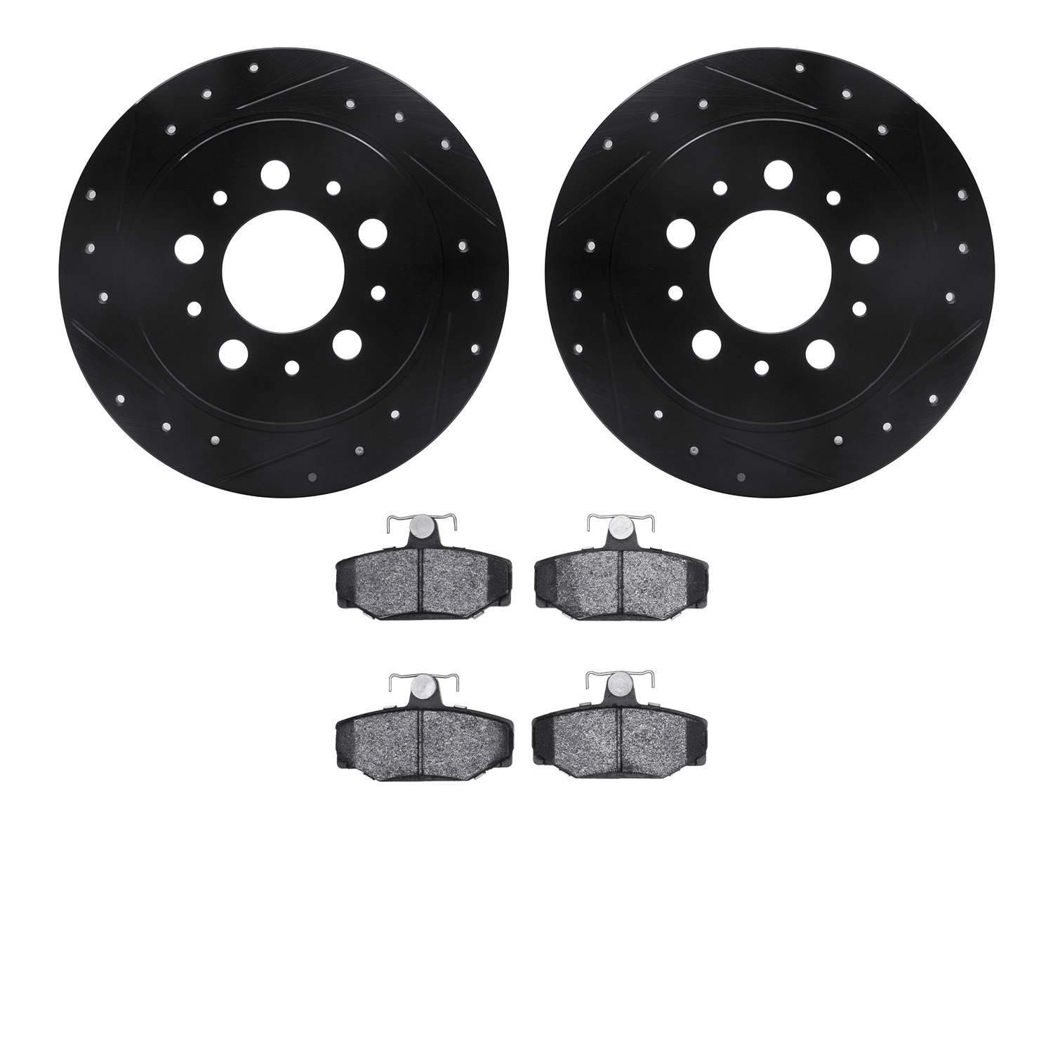 8302-27028 Drilled/Slotted Brake Rotors with 3000-Series Ceramic Brake Pads Kit [Black], 1995-1997 Volvo, Position: Rear