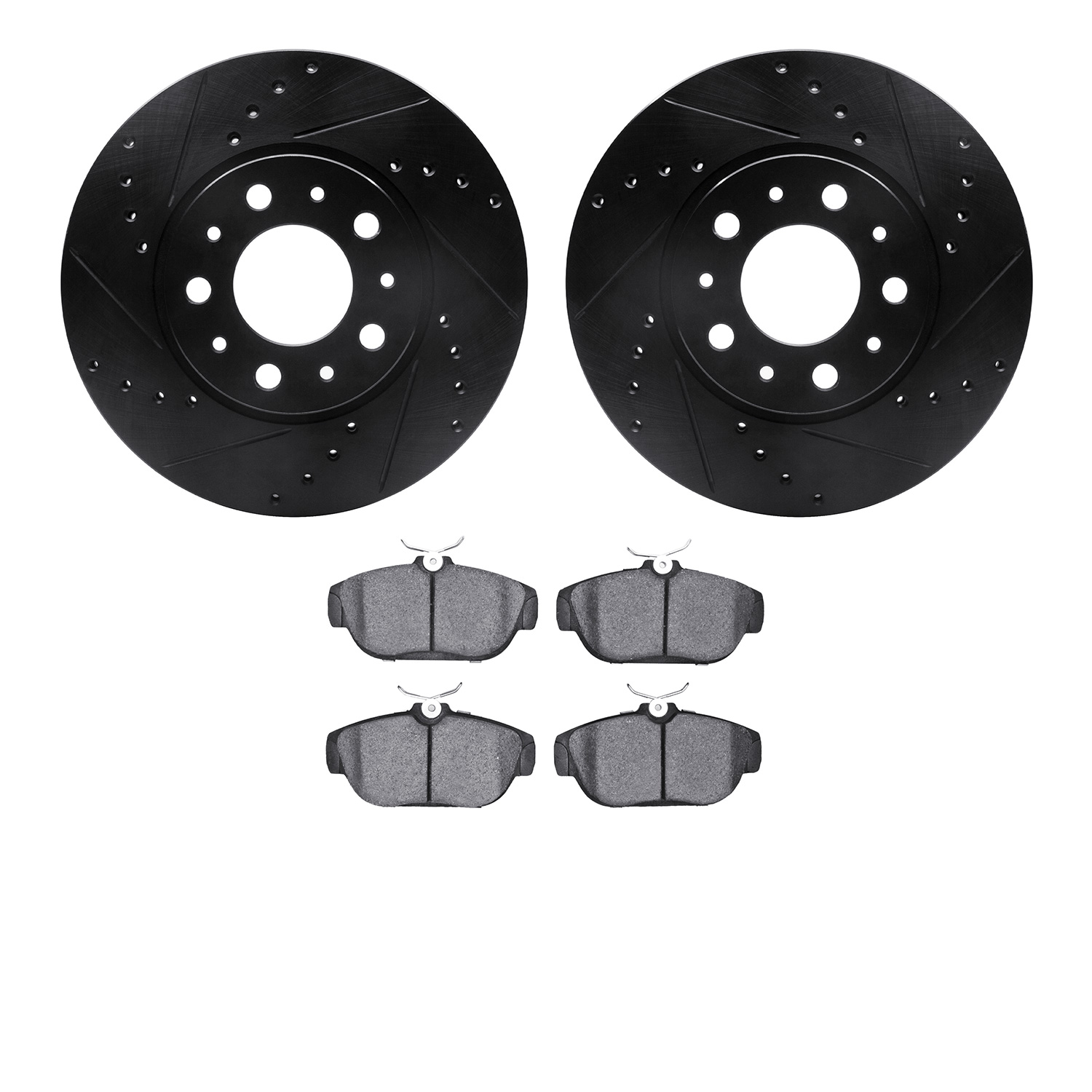 8302-27035 Drilled/Slotted Brake Rotors with 3000-Series Ceramic Brake Pads Kit [Black], 1991-1995 Volvo, Position: Front