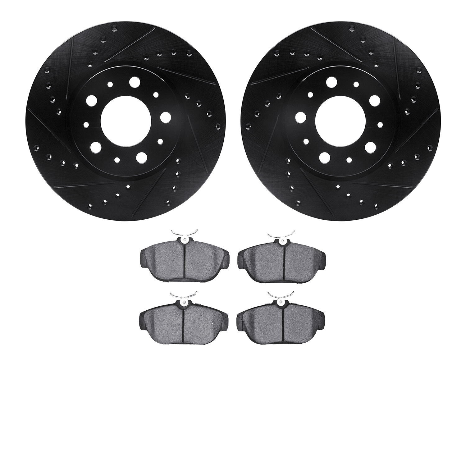 8302-27036 Drilled/Slotted Brake Rotors with 3000-Series Ceramic Brake Pads Kit [Black], 1995-1998 Volvo, Position: Front