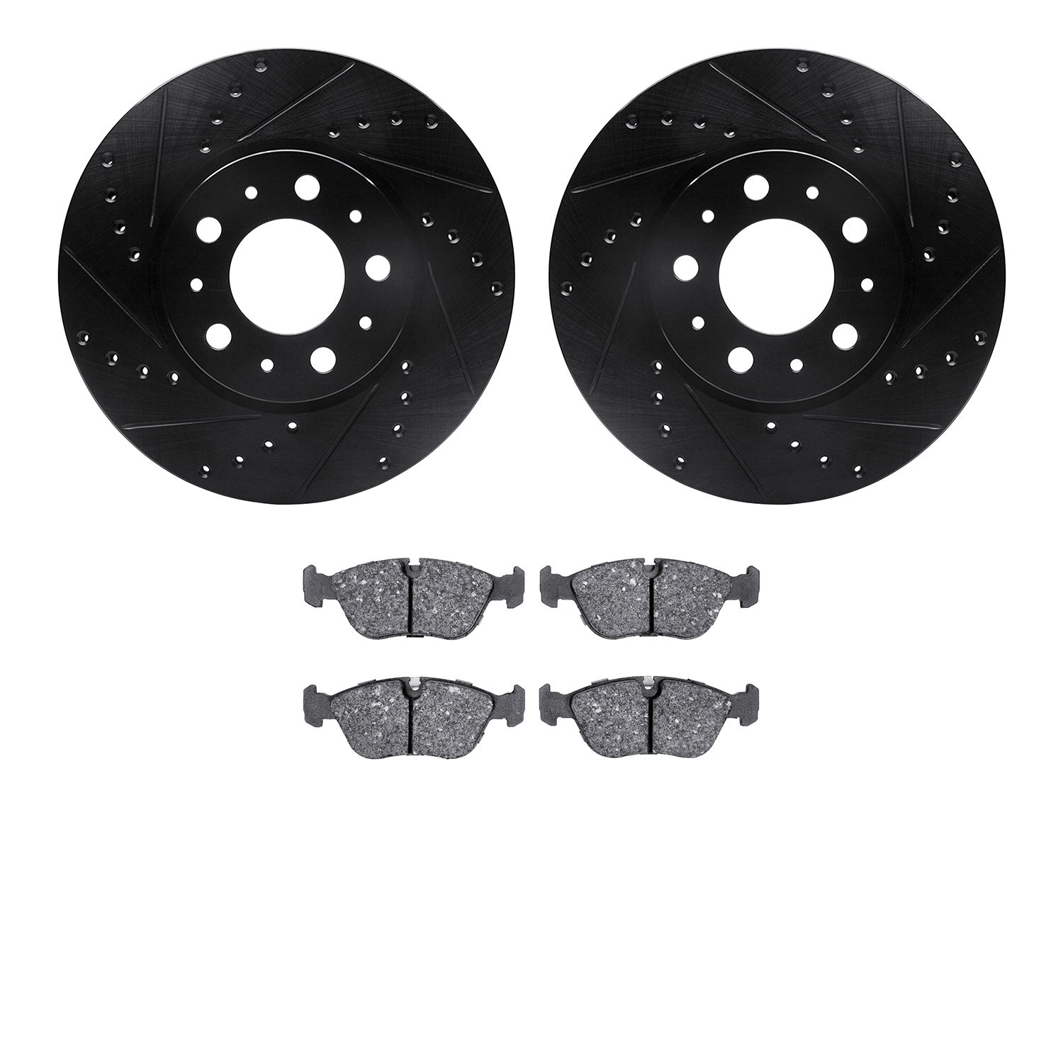 8302-27045 Drilled/Slotted Brake Rotors with 3000-Series Ceramic Brake Pads Kit [Black], 1996-2004 Volvo, Position: Front