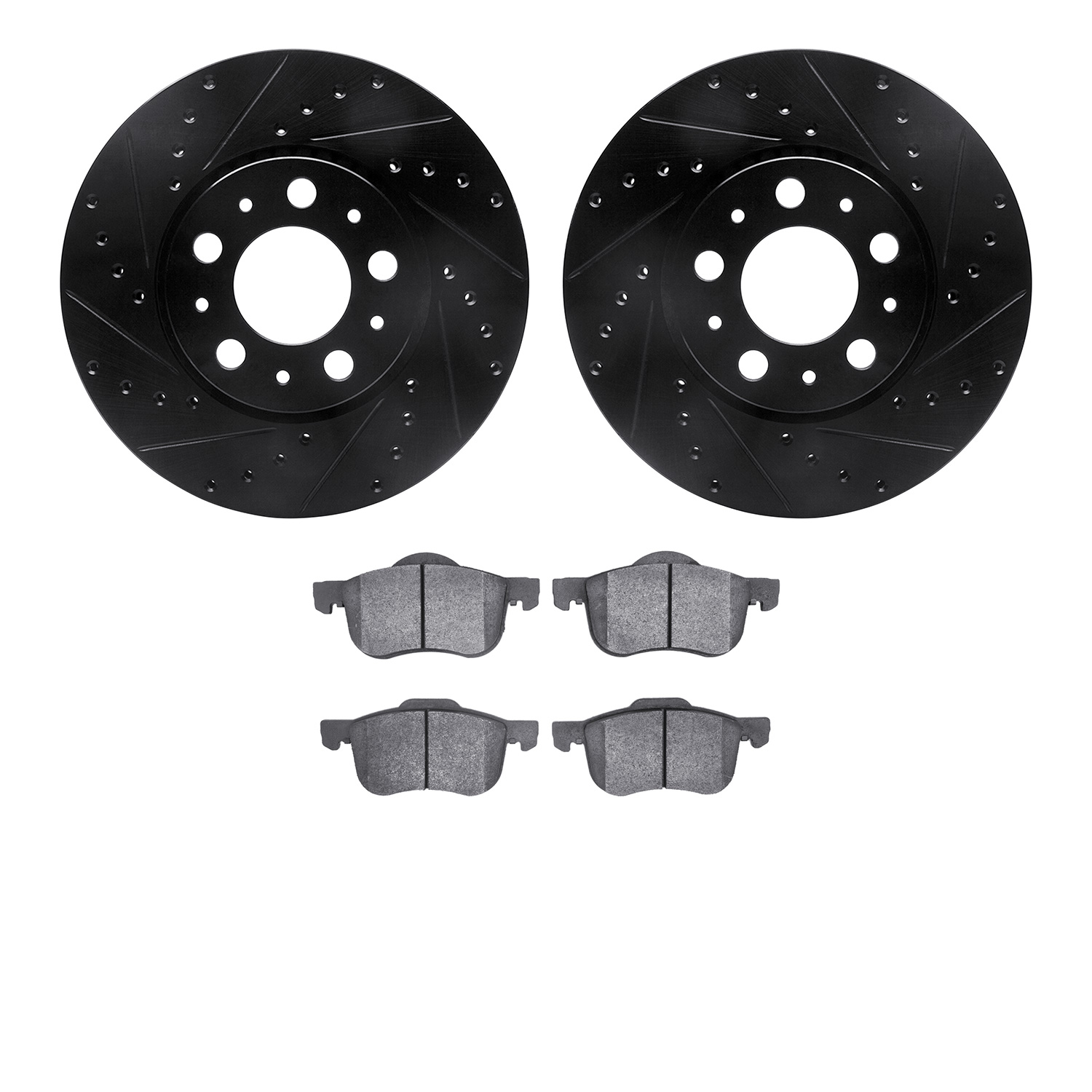 8302-27048 Drilled/Slotted Brake Rotors with 3000-Series Ceramic Brake Pads Kit [Black], 1999-2009 Volvo, Position: Front