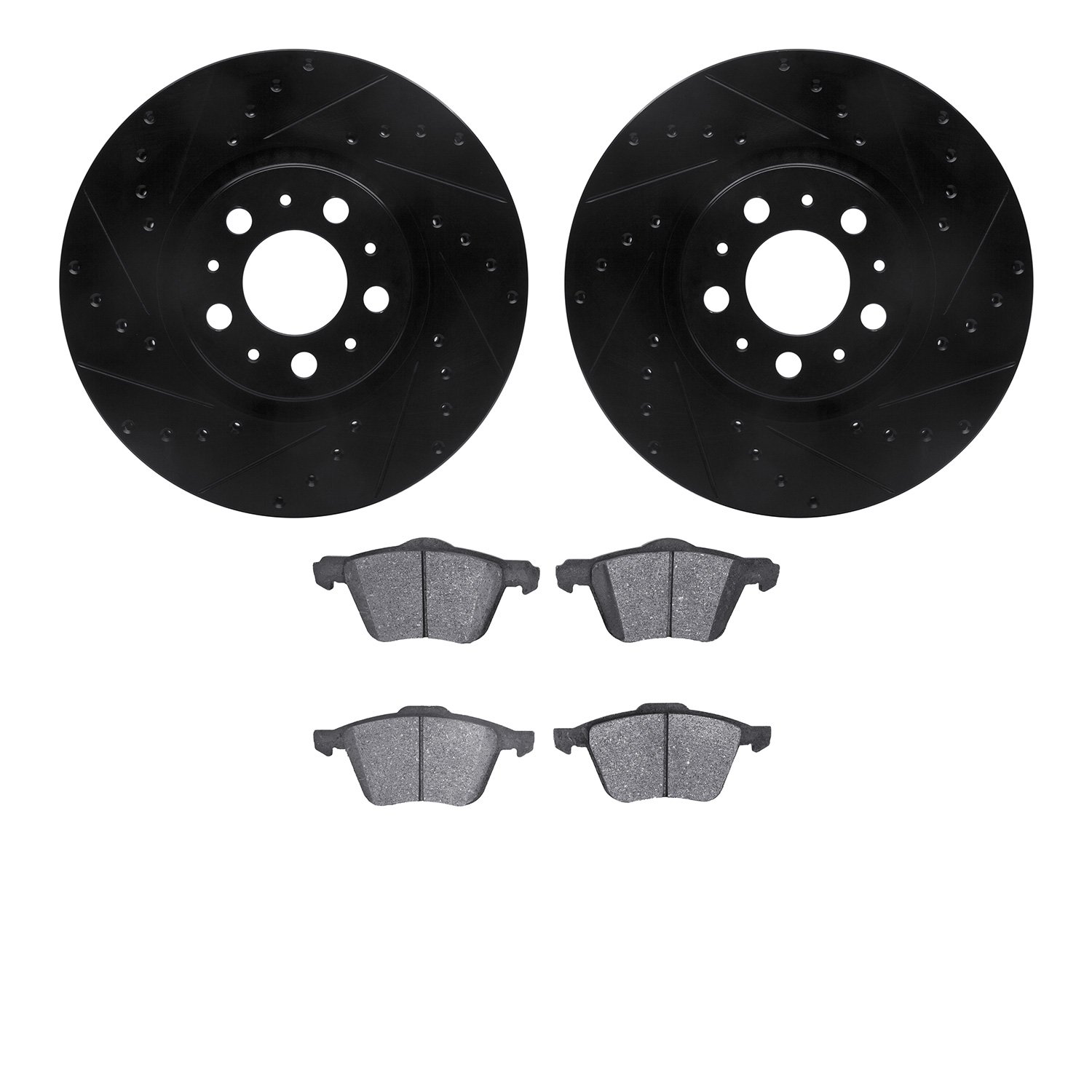 8302-27052 Drilled/Slotted Brake Rotors with 3000-Series Ceramic Brake Pads Kit [Black], 2003-2009 Volvo, Position: Front
