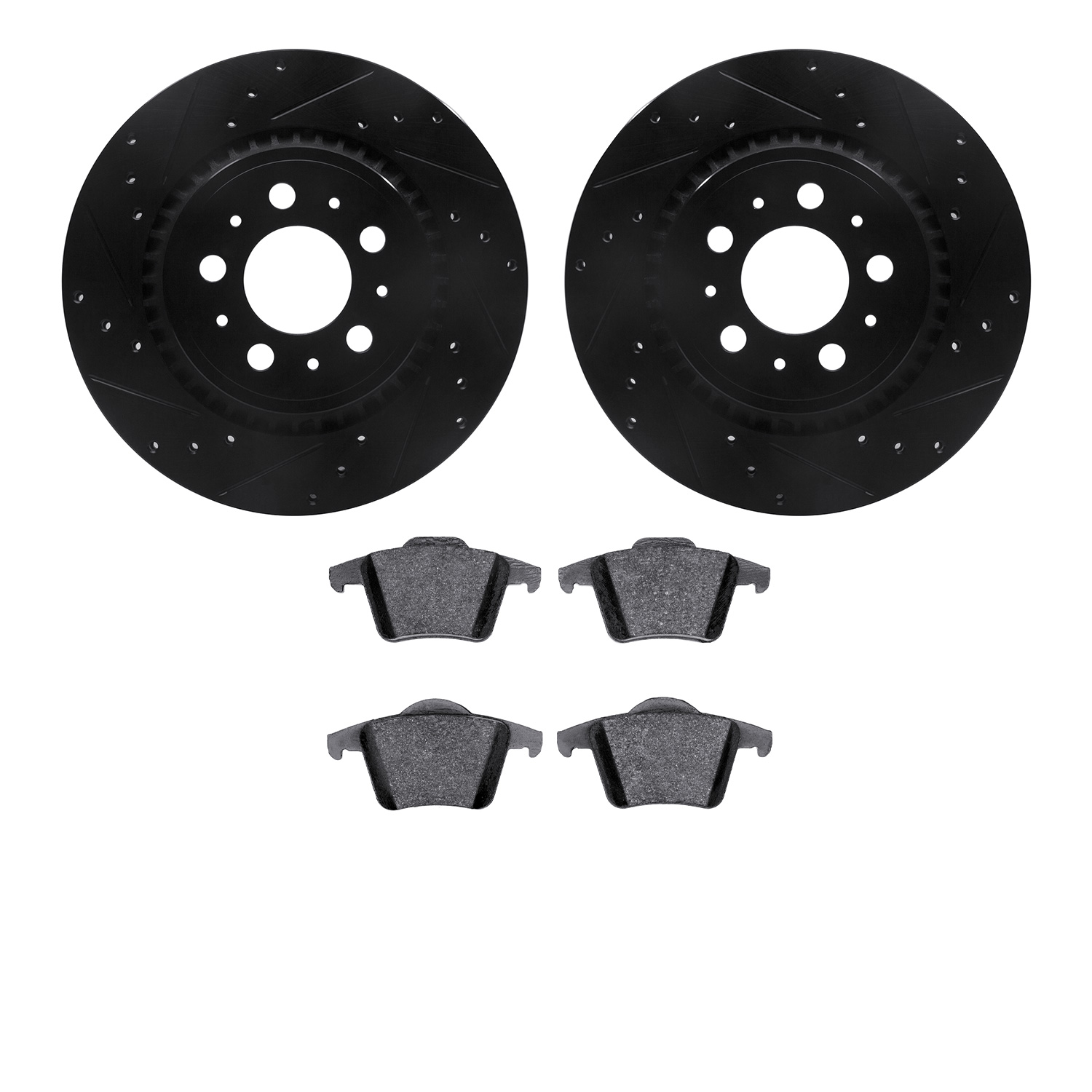 8302-27053 Drilled/Slotted Brake Rotors with 3000-Series Ceramic Brake Pads Kit [Black], 2003-2014 Volvo, Position: Rear