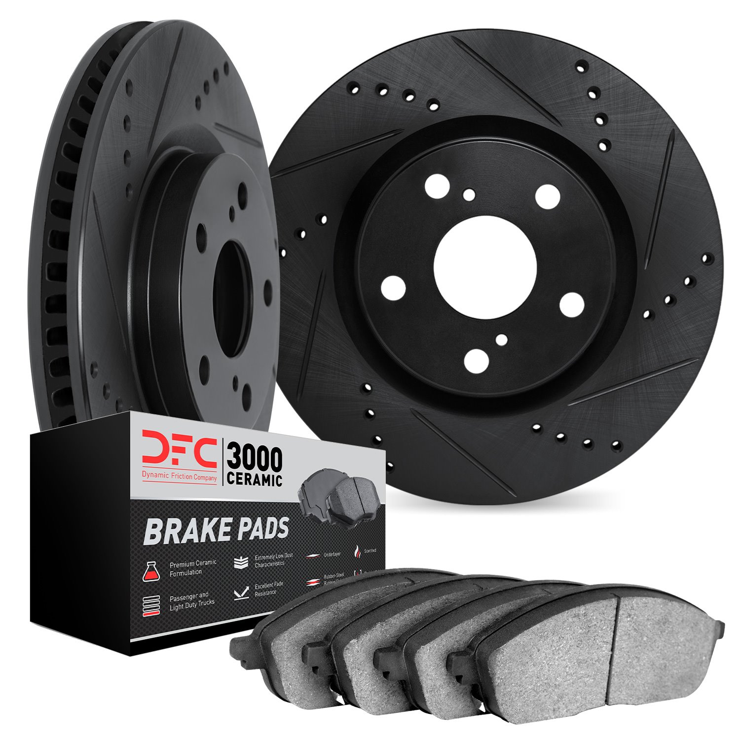 8302-27077 Drilled/Slotted Brake Rotors with 3000-Series Ceramic Brake Pads Kit [Black], Fits Select Volvo, Position: Front