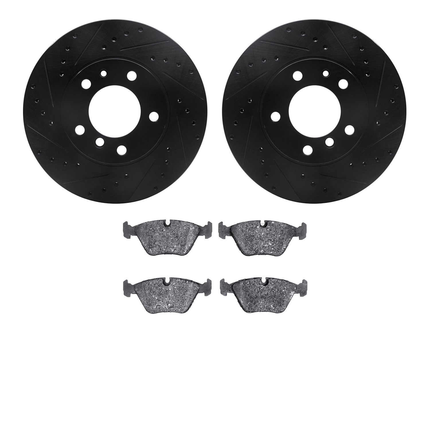 8302-31020 Drilled/Slotted Brake Rotors with 3000-Series Ceramic Brake Pads Kit [Black], 1987-1995 BMW, Position: Front