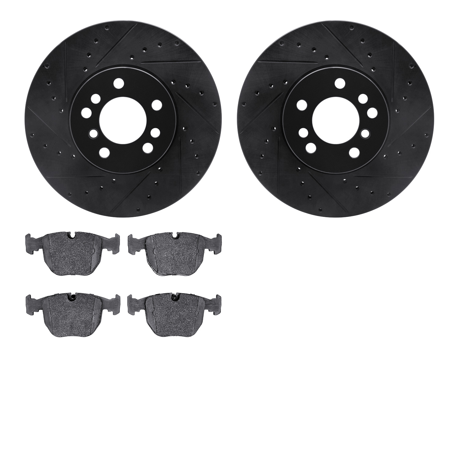 8302-31043 Drilled/Slotted Brake Rotors with 3000-Series Ceramic Brake Pads Kit [Black], 2000-2006 BMW, Position: Front