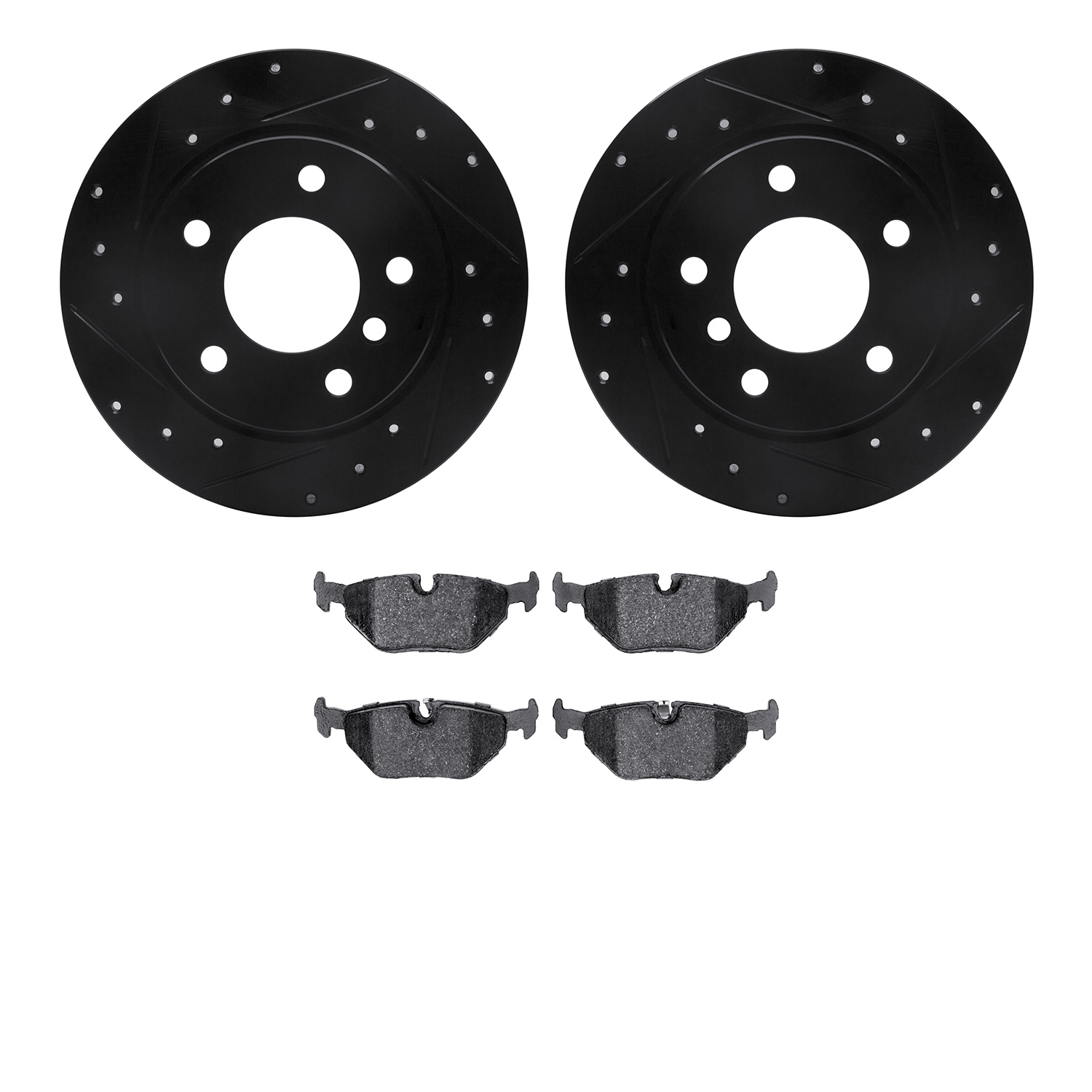 8302-31057 Drilled/Slotted Brake Rotors with 3000-Series Ceramic Brake Pads Kit [Black], 1991-1999 BMW, Position: Rear