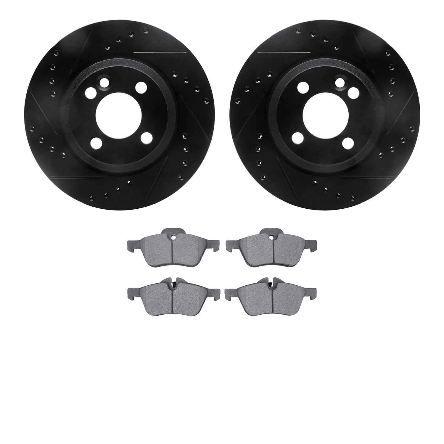 8302-32002 Drilled/Slotted Brake Rotors with 3000-Series Ceramic Brake Pads Kit [Black], 2002-2008 Mini, Position: Front