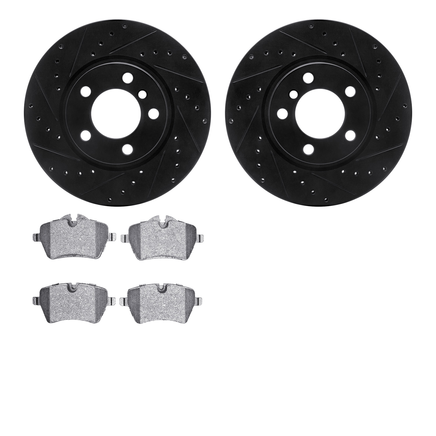 8302-32005 Drilled/Slotted Brake Rotors with 3000-Series Ceramic Brake Pads Kit [Black], 2011-2016 Mini, Position: Front