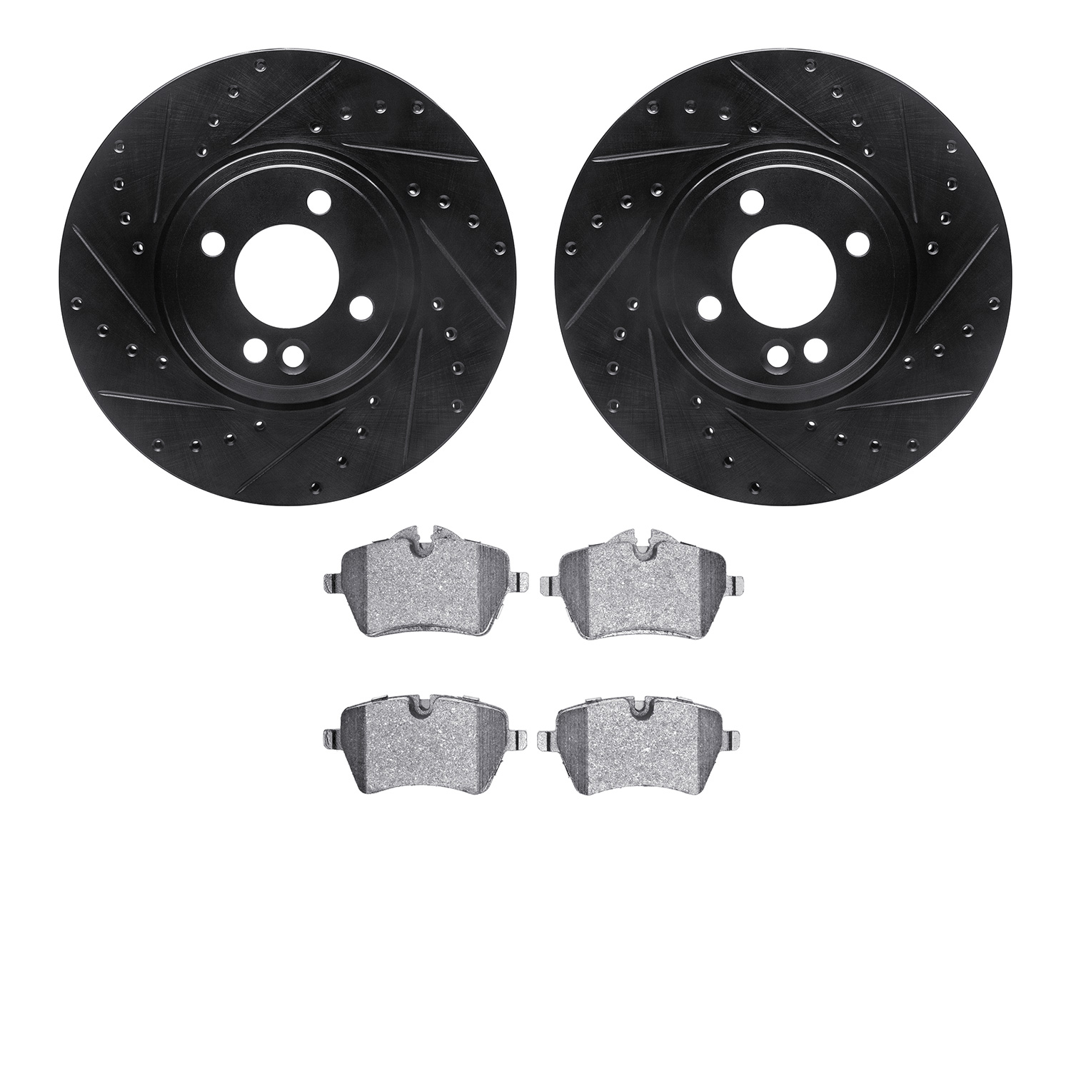 8302-32006 Drilled/Slotted Brake Rotors with 3000-Series Ceramic Brake Pads Kit [Black], 2002-2006 Mini, Position: Front