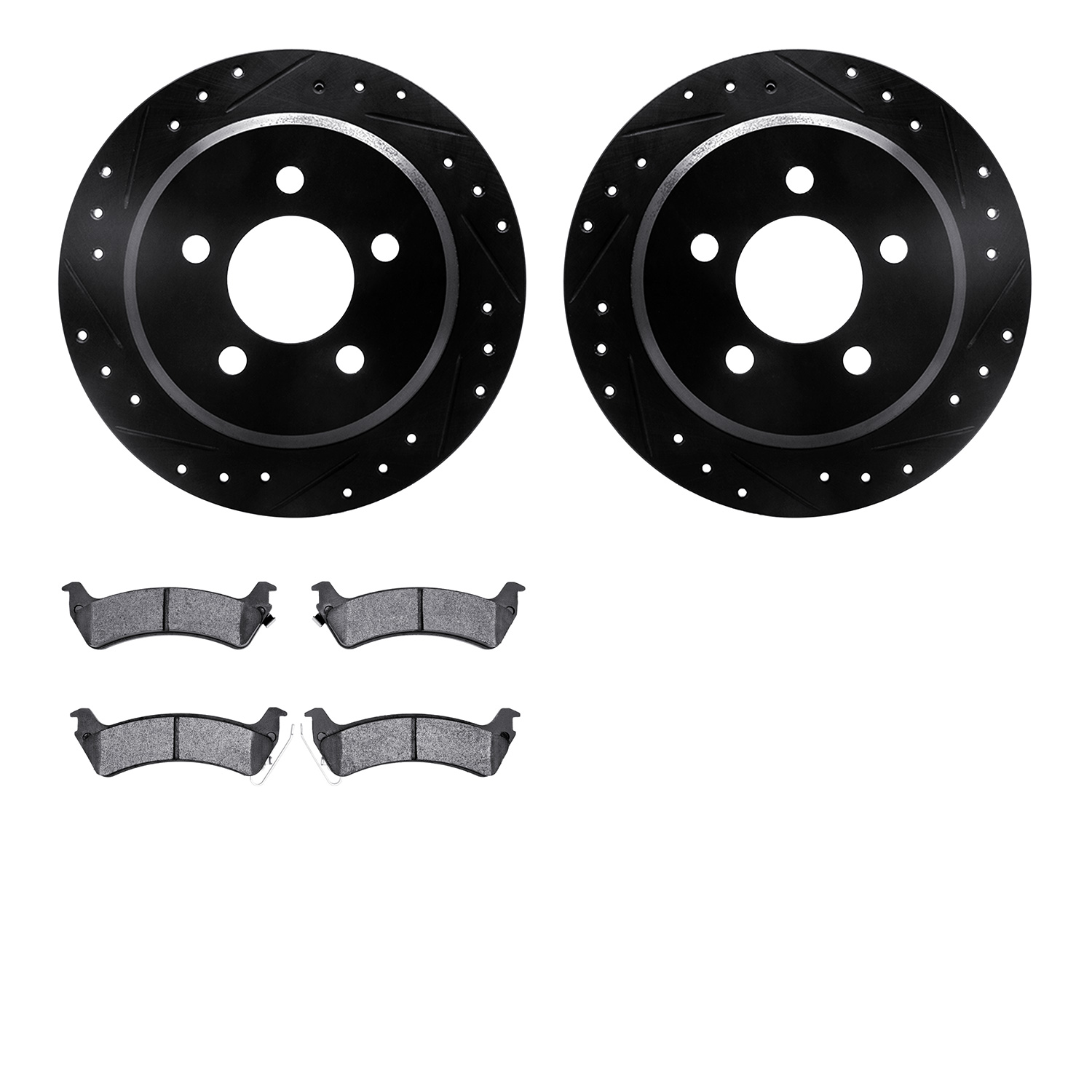 8302-42018 Drilled/Slotted Brake Rotors with 3000-Series Ceramic Brake Pads Kit [Black], 1993-1998 Mopar, Position: Rear