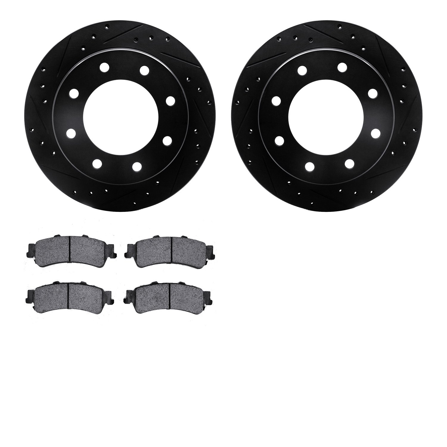 8302-46022 Drilled/Slotted Brake Rotors with 3000-Series Ceramic Brake Pads Kit [Black], 2000-2011 GM, Position: Rear