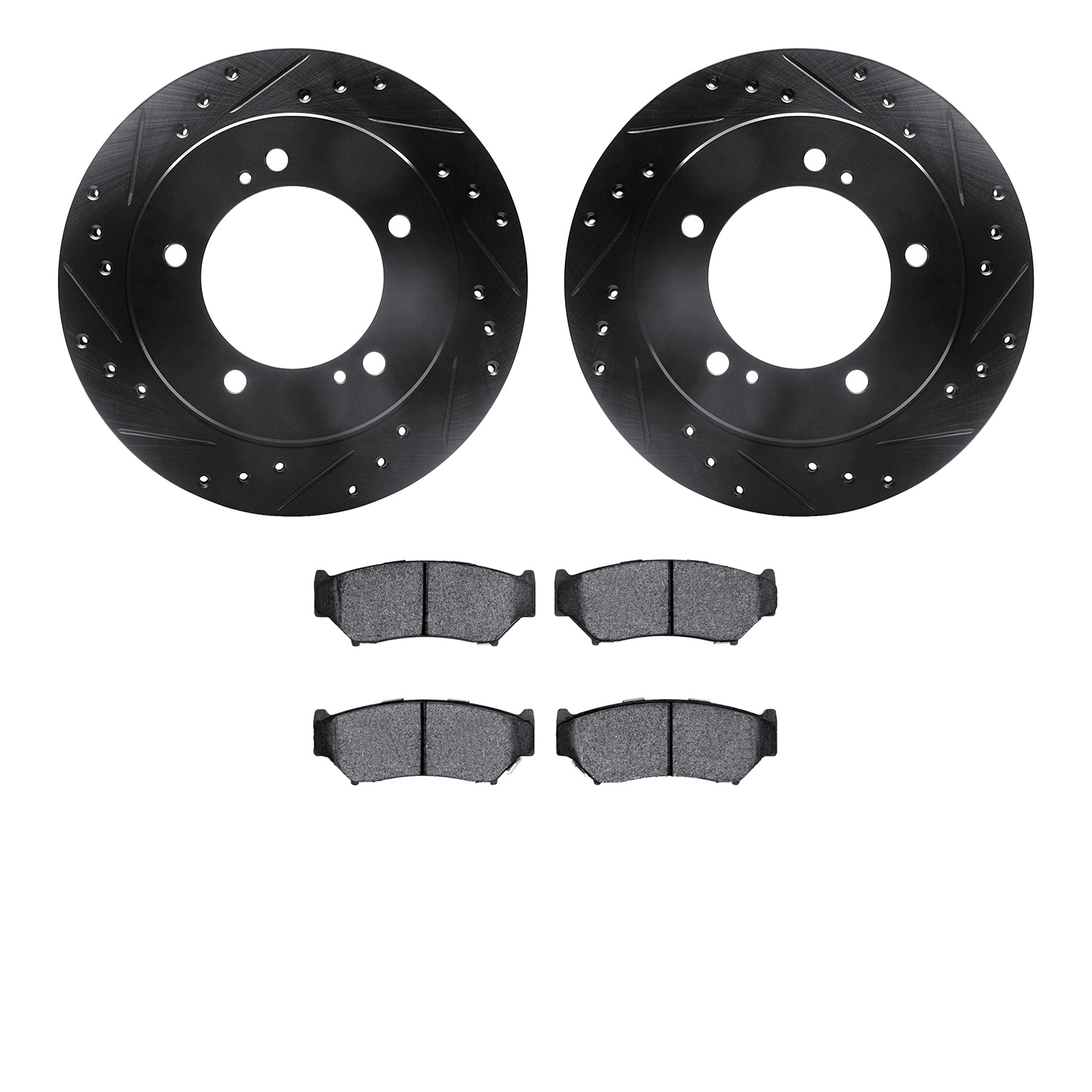 8302-47038 Drilled/Slotted Brake Rotors with 3000-Series Ceramic Brake Pads Kit [Black], 1991-1998 GM, Position: Front