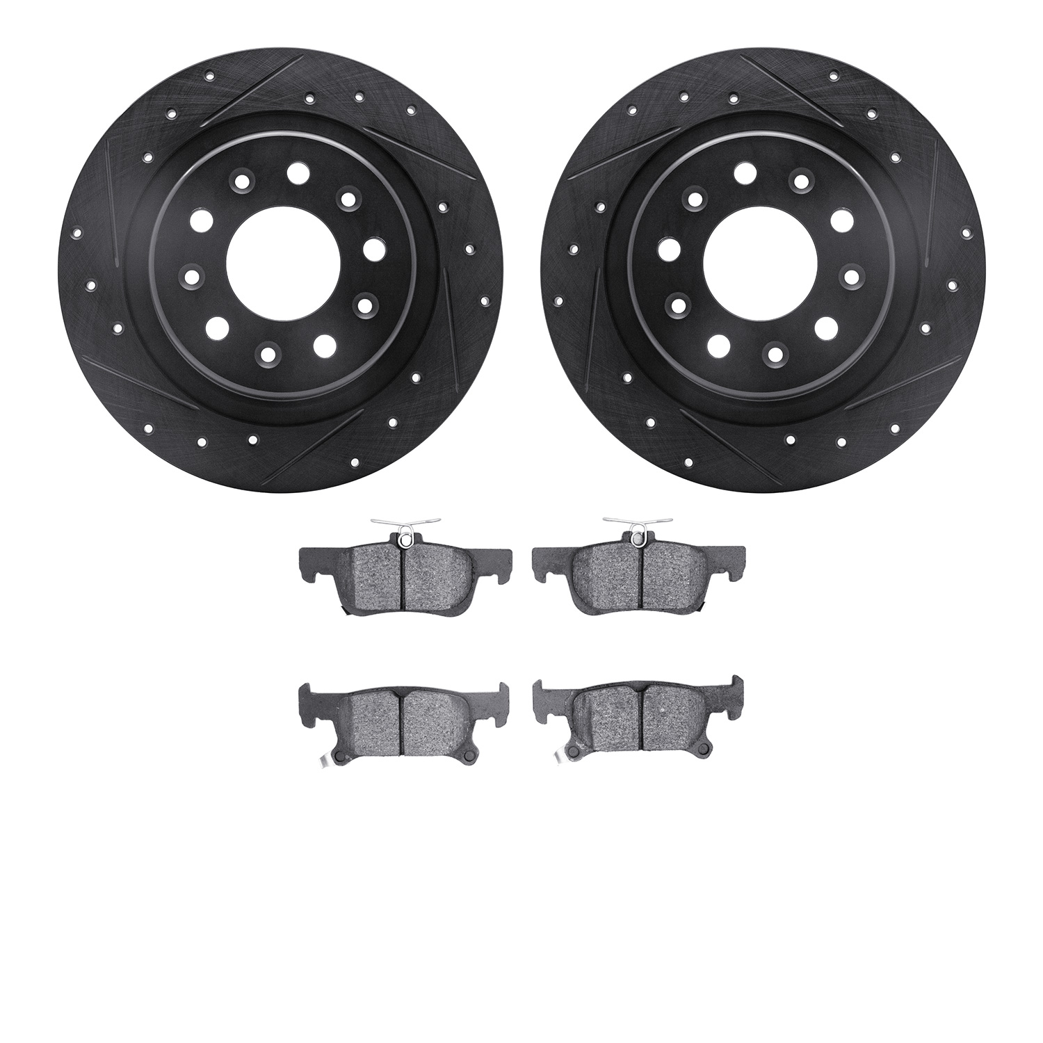 8302-47079 Drilled/Slotted Brake Rotors with 3000-Series Ceramic Brake Pads Kit [Black], 2017-2018 GM, Position: Rear