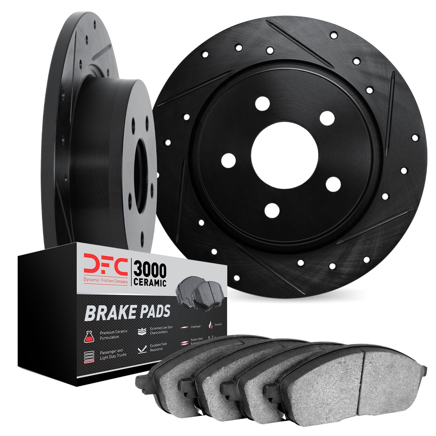 8302-52001 Drilled/Slotted Brake Rotors with 3000-Series Ceramic Brake Pads Kit [Black], 1984-1987 GM, Position: Front