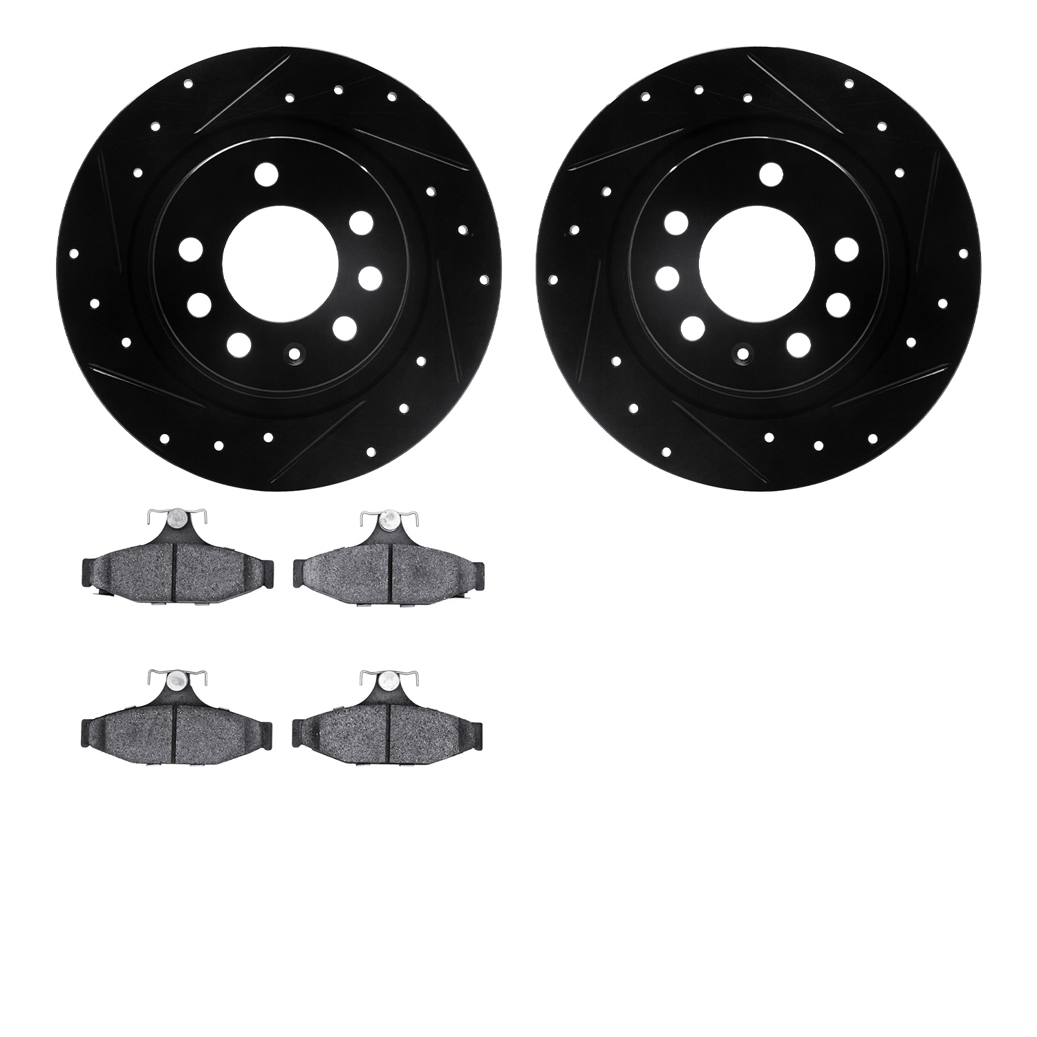 8302-52006 Drilled/Slotted Brake Rotors with 3000-Series Ceramic Brake Pads Kit [Black], 1985-1992 GM, Position: Rear