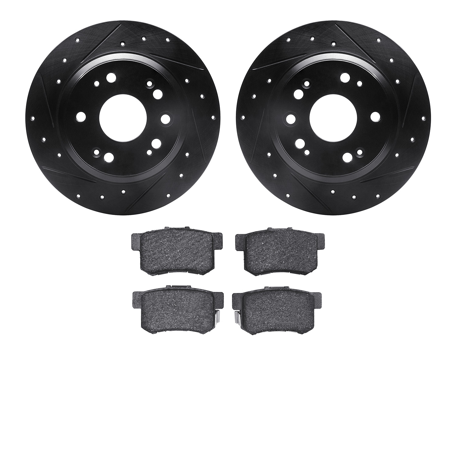 8302-58014 Drilled/Slotted Brake Rotors with 3000-Series Ceramic Brake Pads Kit [Black], 2002-2004 Acura/Honda, Position: Rear