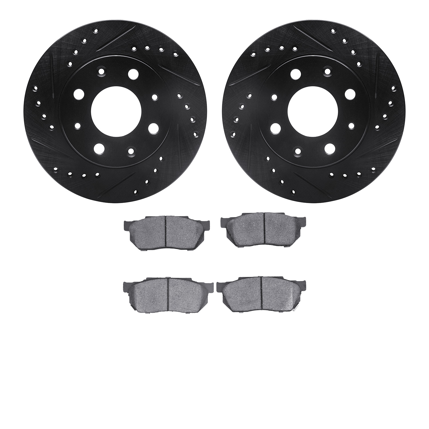 8302-59009 Drilled/Slotted Brake Rotors with 3000-Series Ceramic Brake Pads Kit [Black], 1984-2006 Acura/Honda, Position: Front