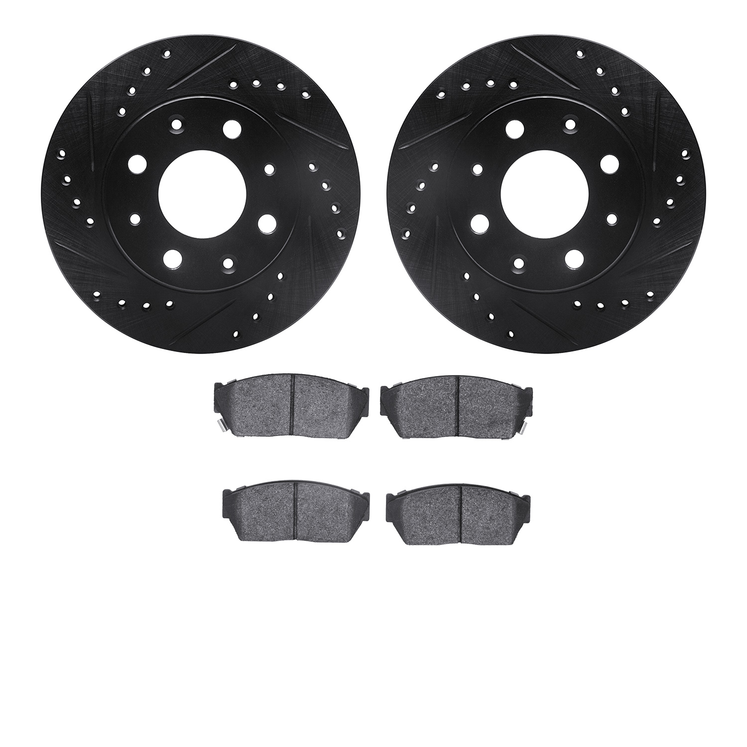 8302-59016 Drilled/Slotted Brake Rotors with 3000-Series Ceramic Brake Pads Kit [Black], 1984-1987 Acura/Honda, Position: Front
