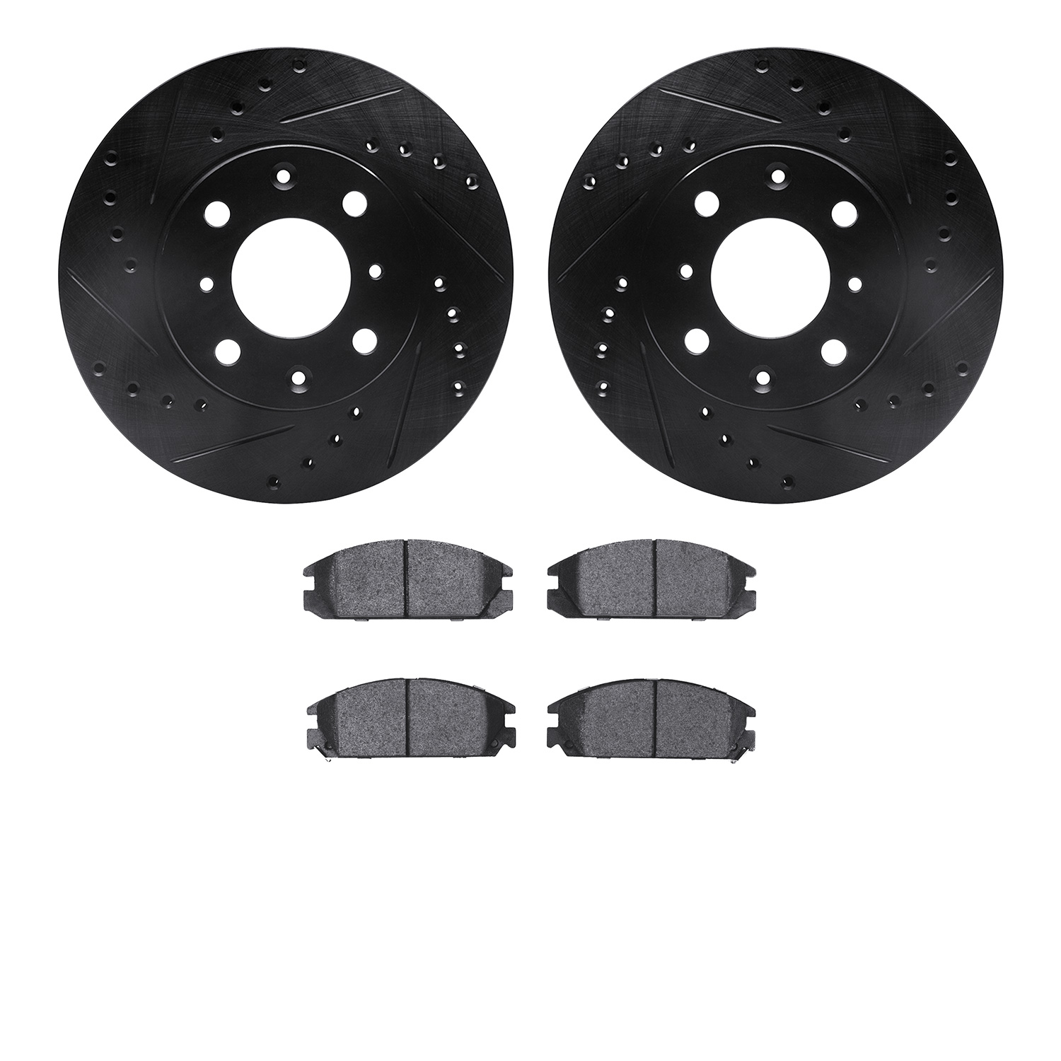 8302-59023 Drilled/Slotted Brake Rotors with 3000-Series Ceramic Brake Pads Kit [Black], 1986-1989 Acura/Honda, Position: Front