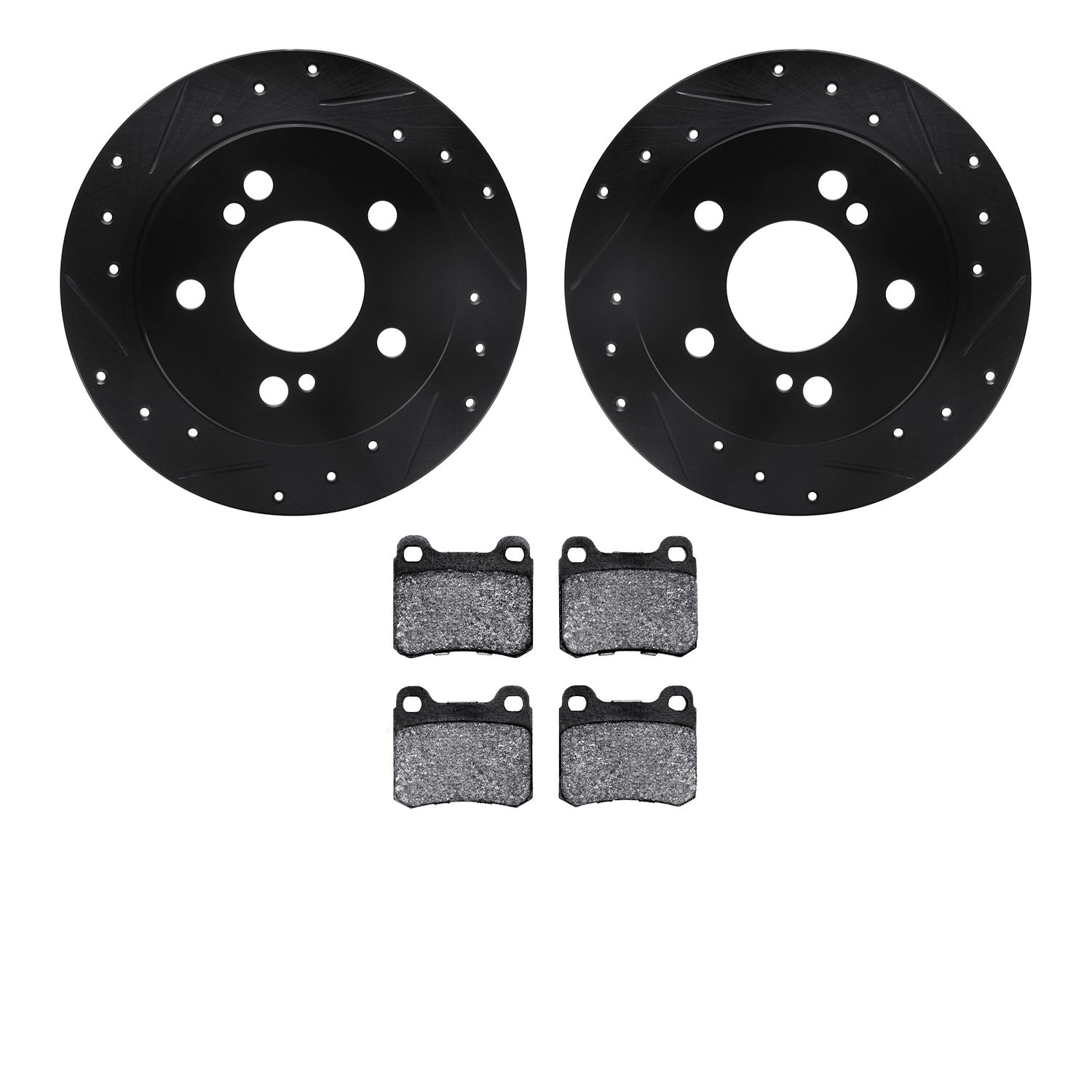 8302-63007 Drilled/Slotted Brake Rotors with 3000-Series Ceramic Brake Pads Kit [Black], 1984-1995 Mercedes-Benz, Position: Rear