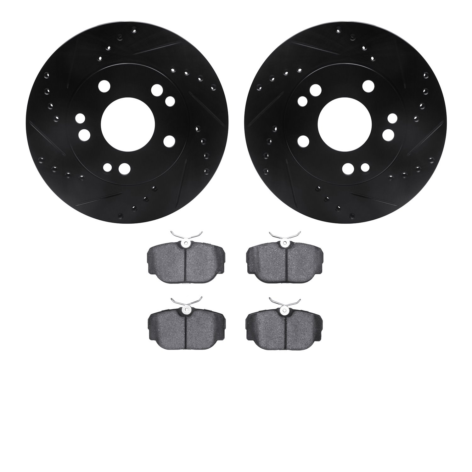 8302-63009 Drilled/Slotted Brake Rotors with 3000-Series Ceramic Brake Pads Kit [Black], 1987-1993 Mercedes-Benz, Position: Fron