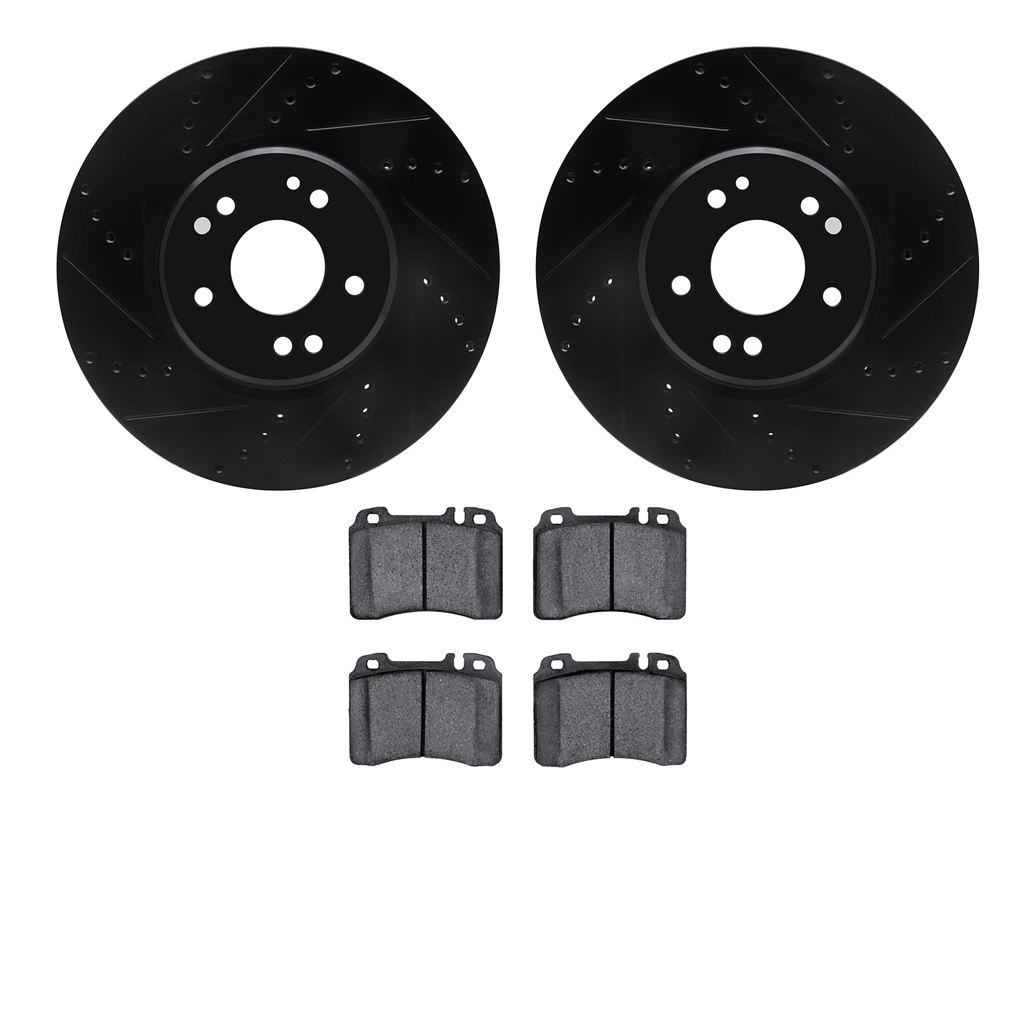 8302-63011 Drilled/Slotted Brake Rotors with 3000-Series Ceramic Brake Pads Kit [Black], 1994-2002 Mercedes-Benz, Position: Fron