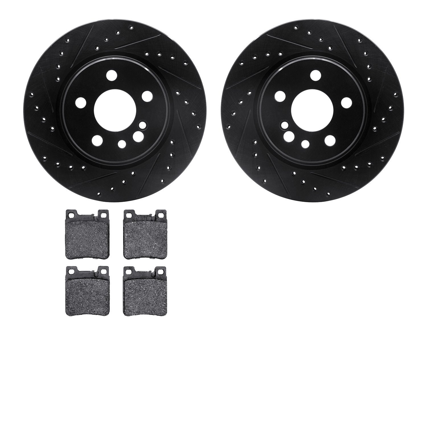 8302-63014 Drilled/Slotted Brake Rotors with 3000-Series Ceramic Brake Pads Kit [Black], 1992-1999 Mercedes-Benz, Position: Rear