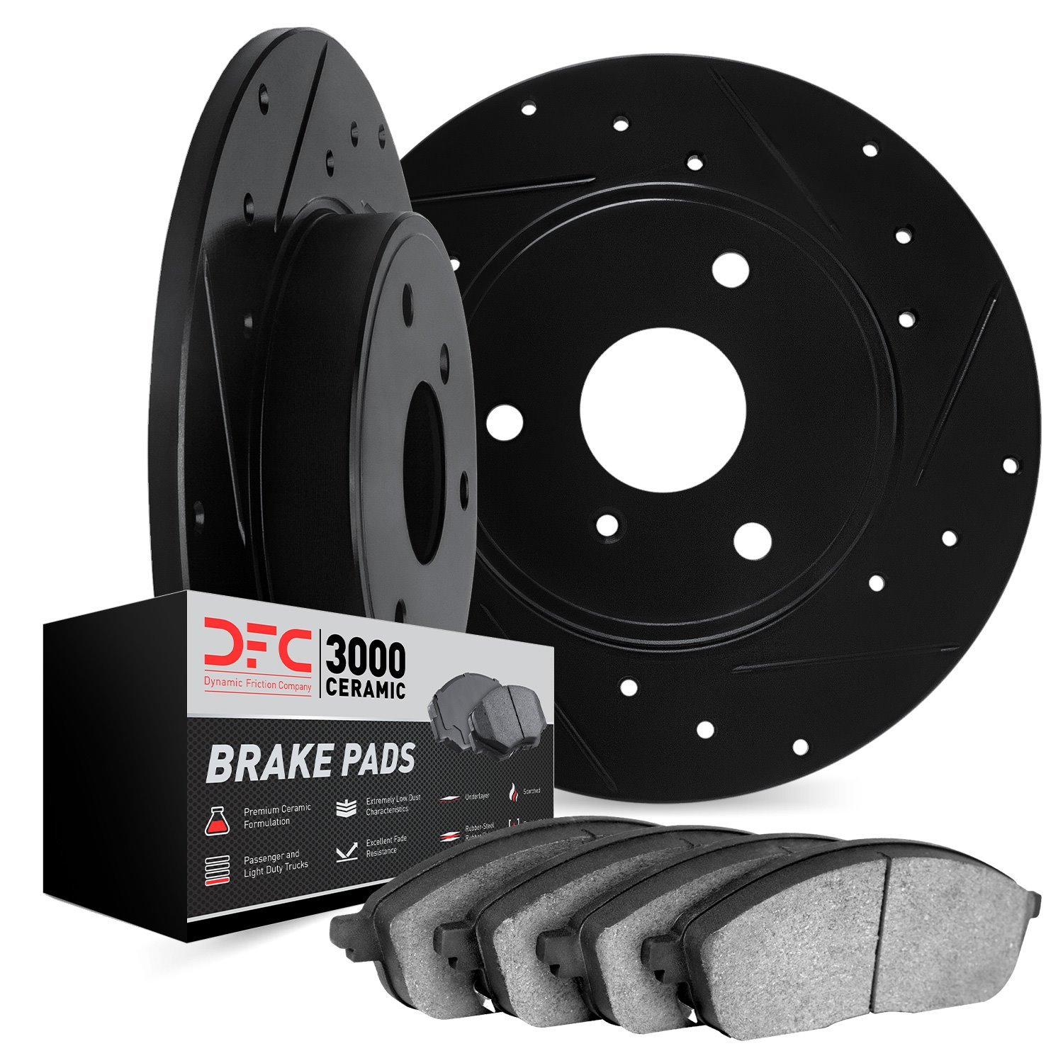 8302-63017 Drilled/Slotted Brake Rotors with 3000-Series Ceramic Brake Pads Kit [Black], 2005-2016 Smart, Position: Front