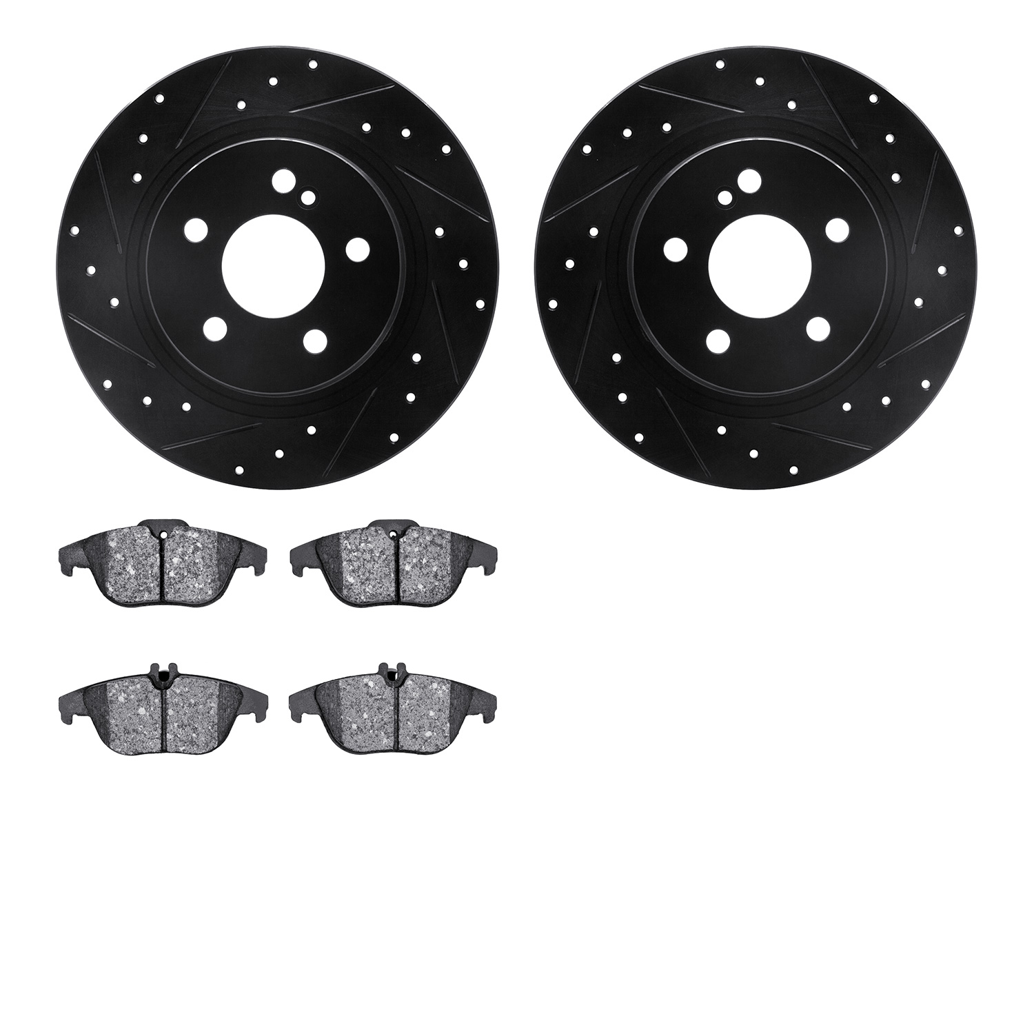8302-63020 Drilled/Slotted Brake Rotors with 3000-Series Ceramic Brake Pads Kit [Black], 2008-2015 Mercedes-Benz, Position: Rear