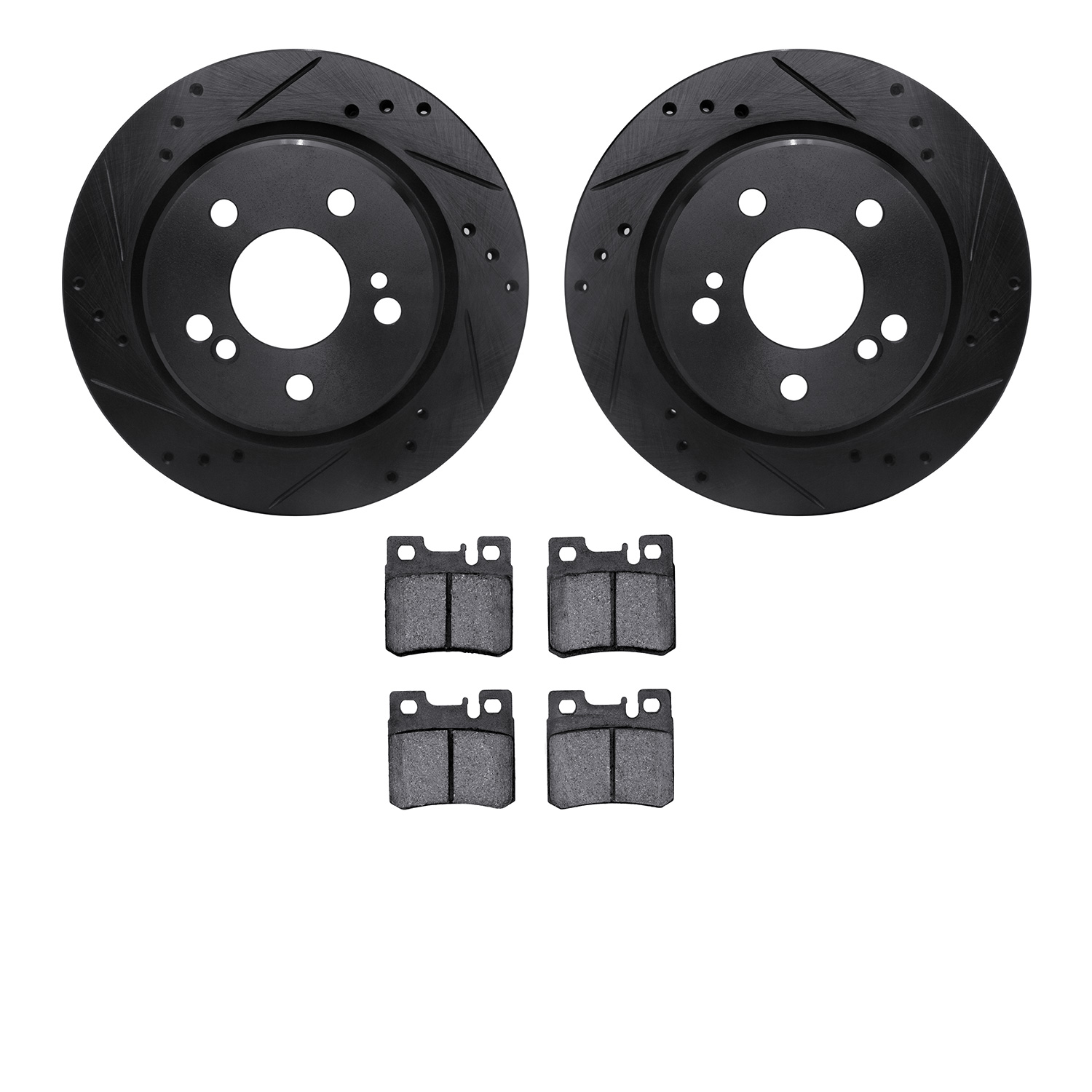 8302-63042 Drilled/Slotted Brake Rotors with 3000-Series Ceramic Brake Pads Kit [Black], 1992-1995 Mercedes-Benz, Position: Rear