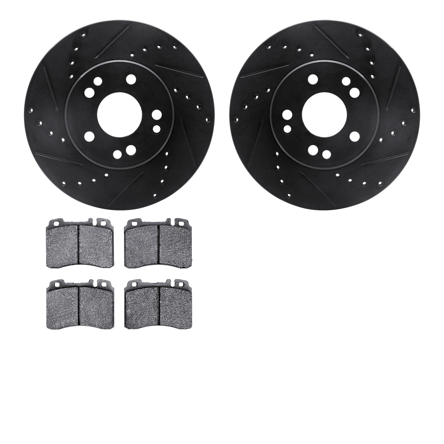 8302-63046 Drilled/Slotted Brake Rotors with 3000-Series Ceramic Brake Pads Kit [Black], 1990-1995 Mercedes-Benz, Position: Fron