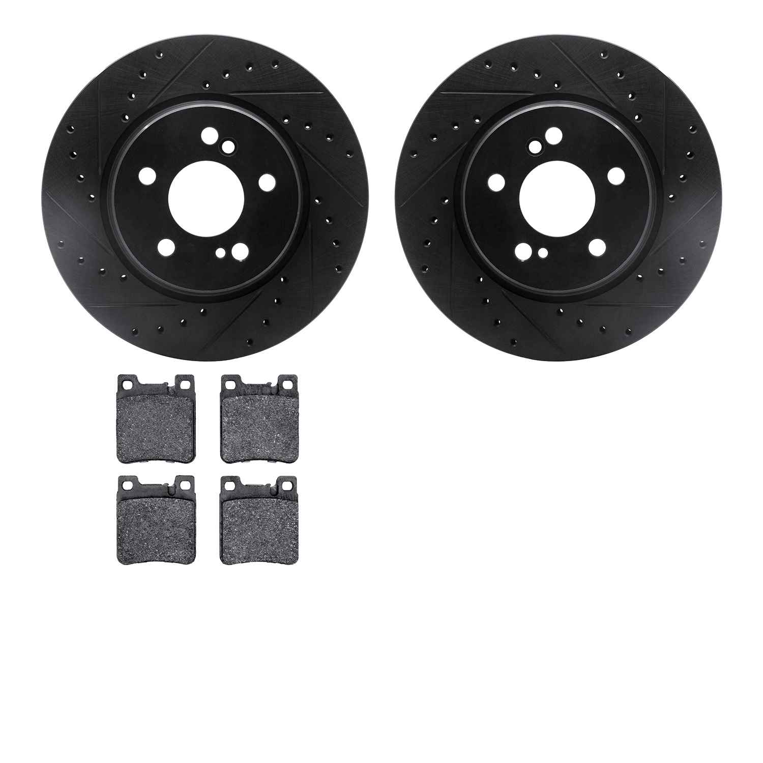8302-63050 Drilled/Slotted Brake Rotors with 3000-Series Ceramic Brake Pads Kit [Black], 1993-2002 Mercedes-Benz, Position: Rear