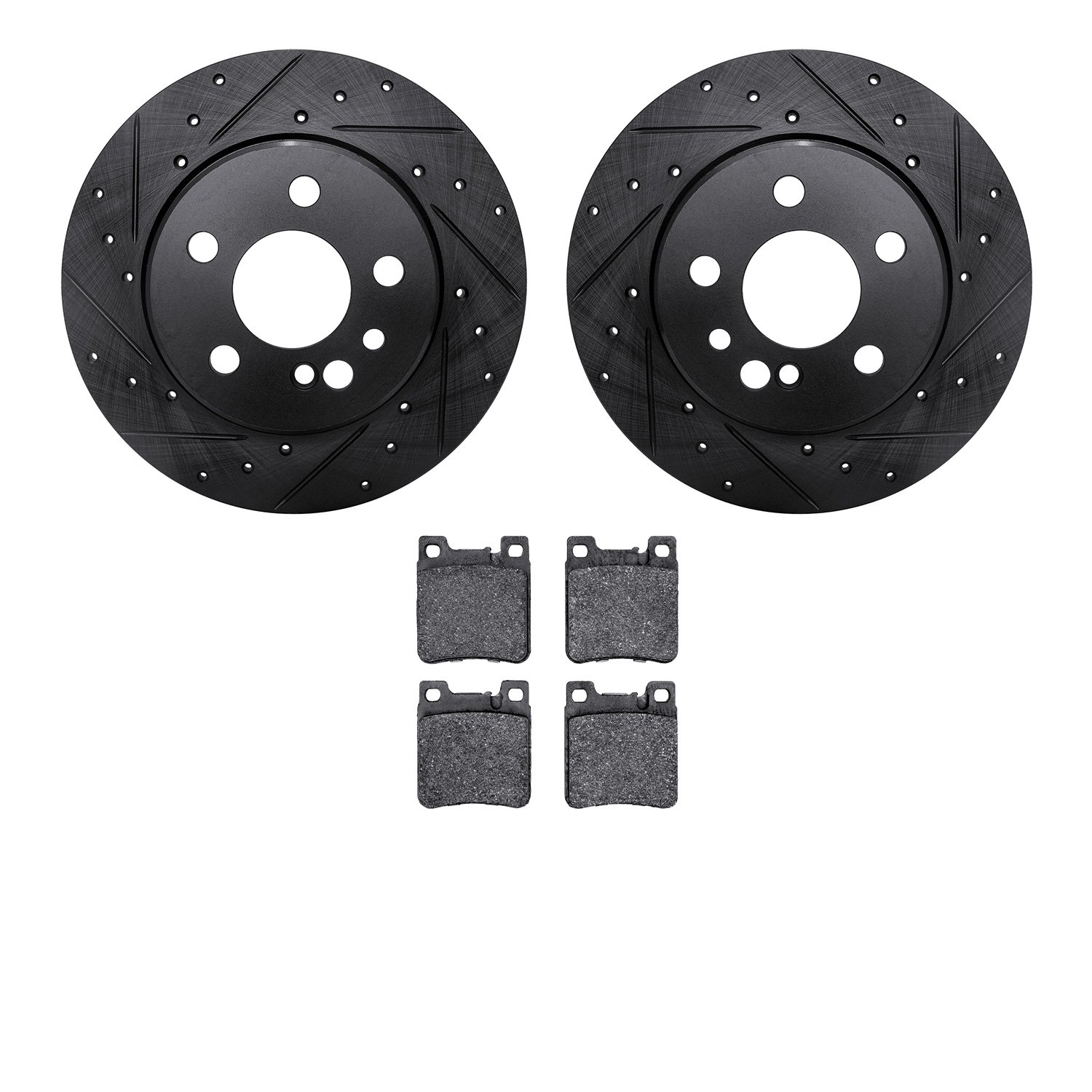 8302-63052 Drilled/Slotted Brake Rotors with 3000-Series Ceramic Brake Pads Kit [Black], 1991-1999 Mercedes-Benz, Position: Rear