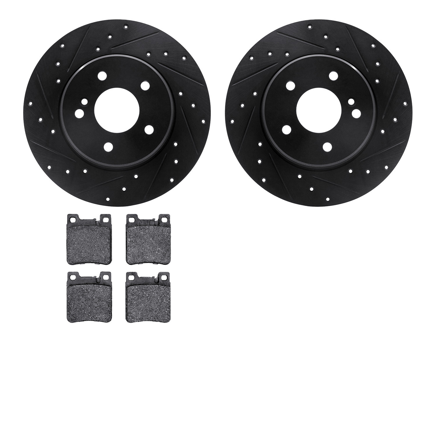 8302-63053 Drilled/Slotted Brake Rotors with 3000-Series Ceramic Brake Pads Kit [Black], 1998-2003 Mercedes-Benz, Position: Rear